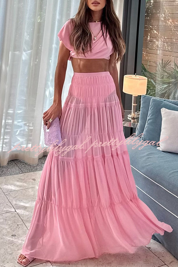 Elegant Chiffon Ruched Shoulder Short Sleeve Crop Top Women's Fashion Blouse for Summer Outfits, Date Night & Party Wear