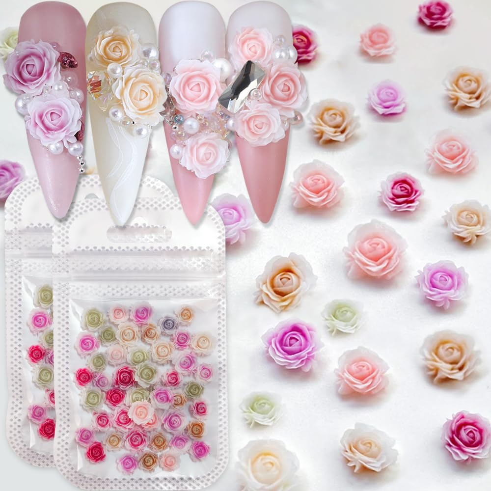 100PCS 3D Flower Nail Charms - Red Pink Purple Green Resin Acrylic Rose Nail Art Decorations for DIY Manicure | Spring & Mother's Day Nail Design for Women & Girls | Perfect for Parties, Weddings, and Special Occasions