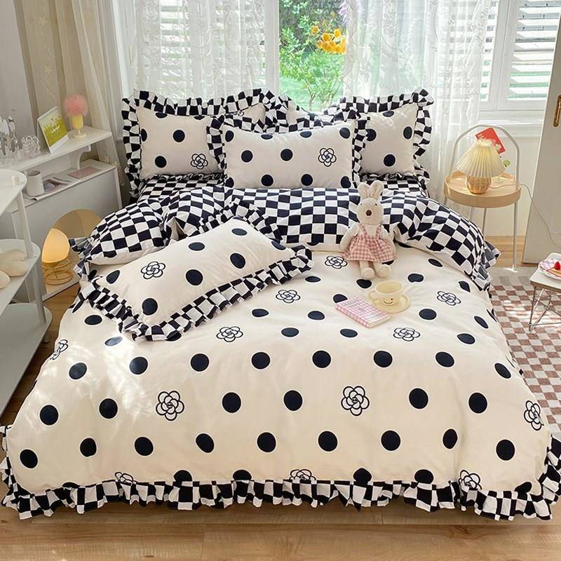 Polka Dot Checkered Ruffle Bedding Set - Cute Kawaii Style Comforter Cover & Pillowcases for Girls Room, Dorm, Nursery Decor - Soft & Stylish Bedroom Essentials