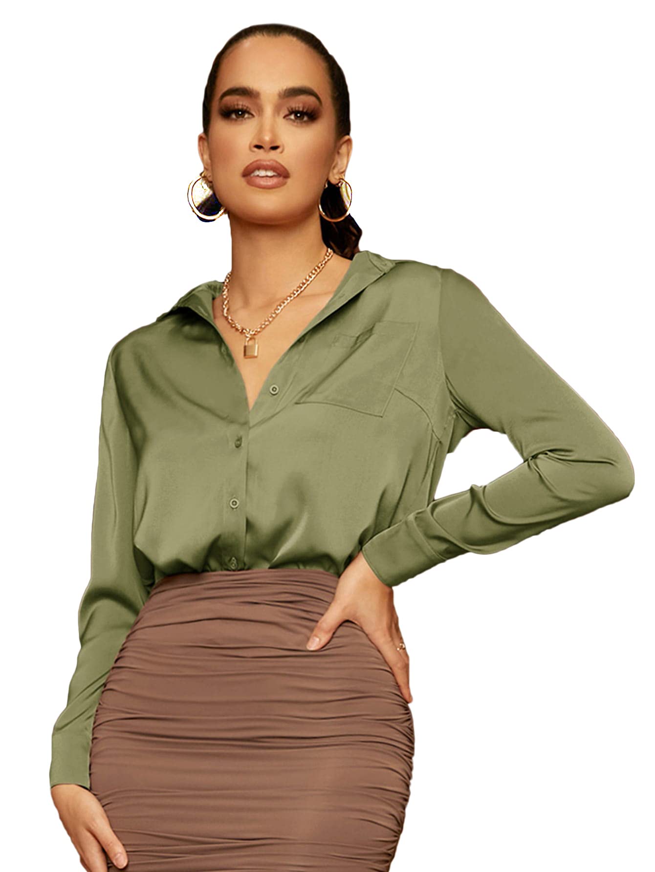 Floerns Women's Satin Long Sleeve Button Up Blouse - Elegant Silky Shirt for Work, Office & Business Casual Wear - Plus Size & Regular Fit Available