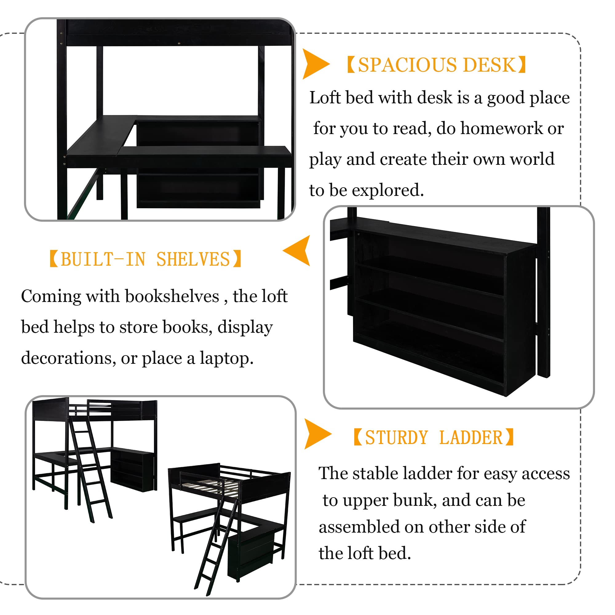 MERITLINE Full Size Loft Bed with Built-in Desk & Shelves - Sturdy Wooden Loft Bed for Kids & Teens - Space-Saving Study & Sleep Solution for Small Rooms - No Box Spring Required (Full Size, Espresso Finish) - Perfect for Dorm Rooms, Kids' Bedrooms & Small Apartments