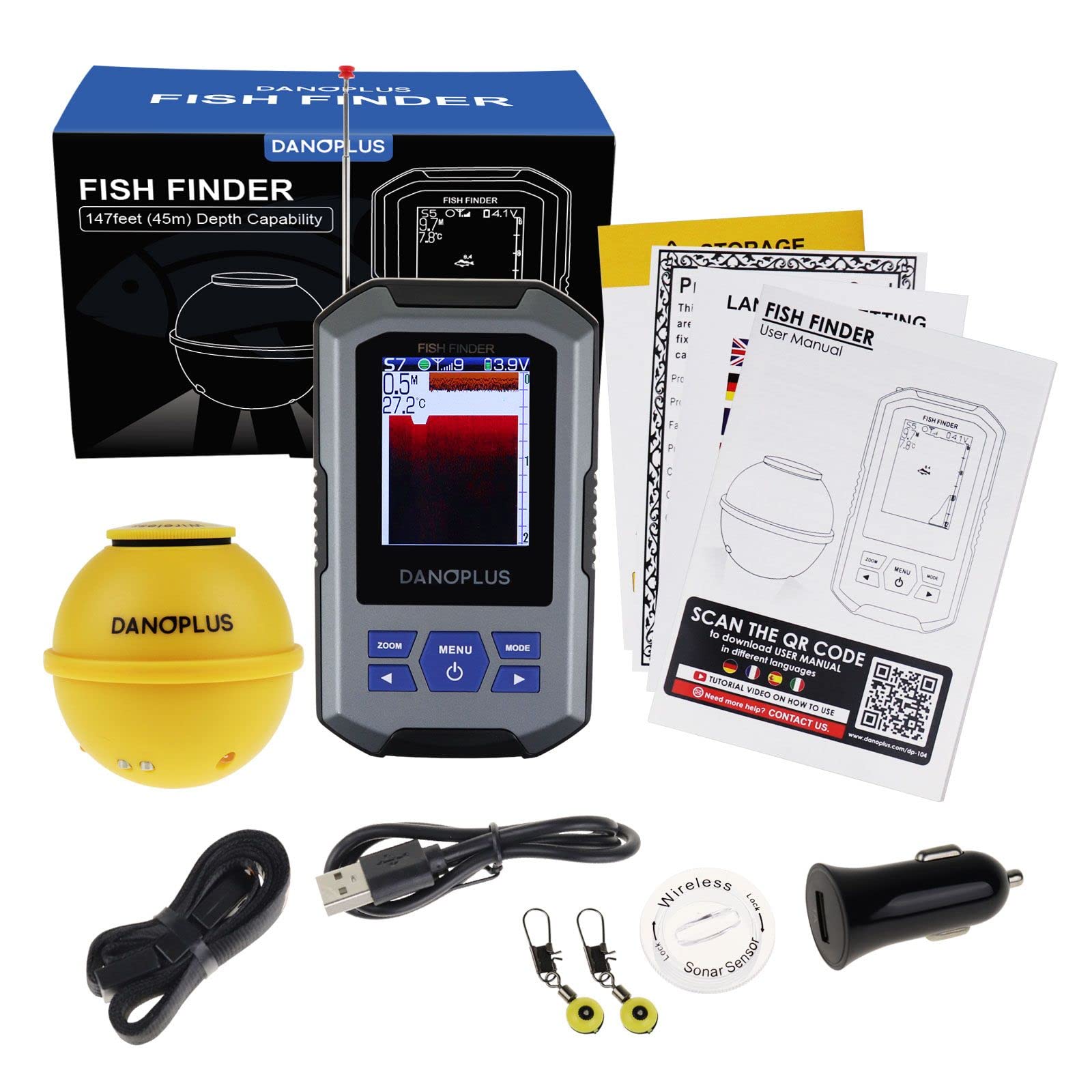 Portable Wireless Fish Finder with Sonar Sensor - 147ft Depth Detection, Rechargeable Kayak Fishing Accessories for Sea, Ice & Boat Fishing | Perfect for Kayak Anglers, Ice Fishermen & Offshore Boating