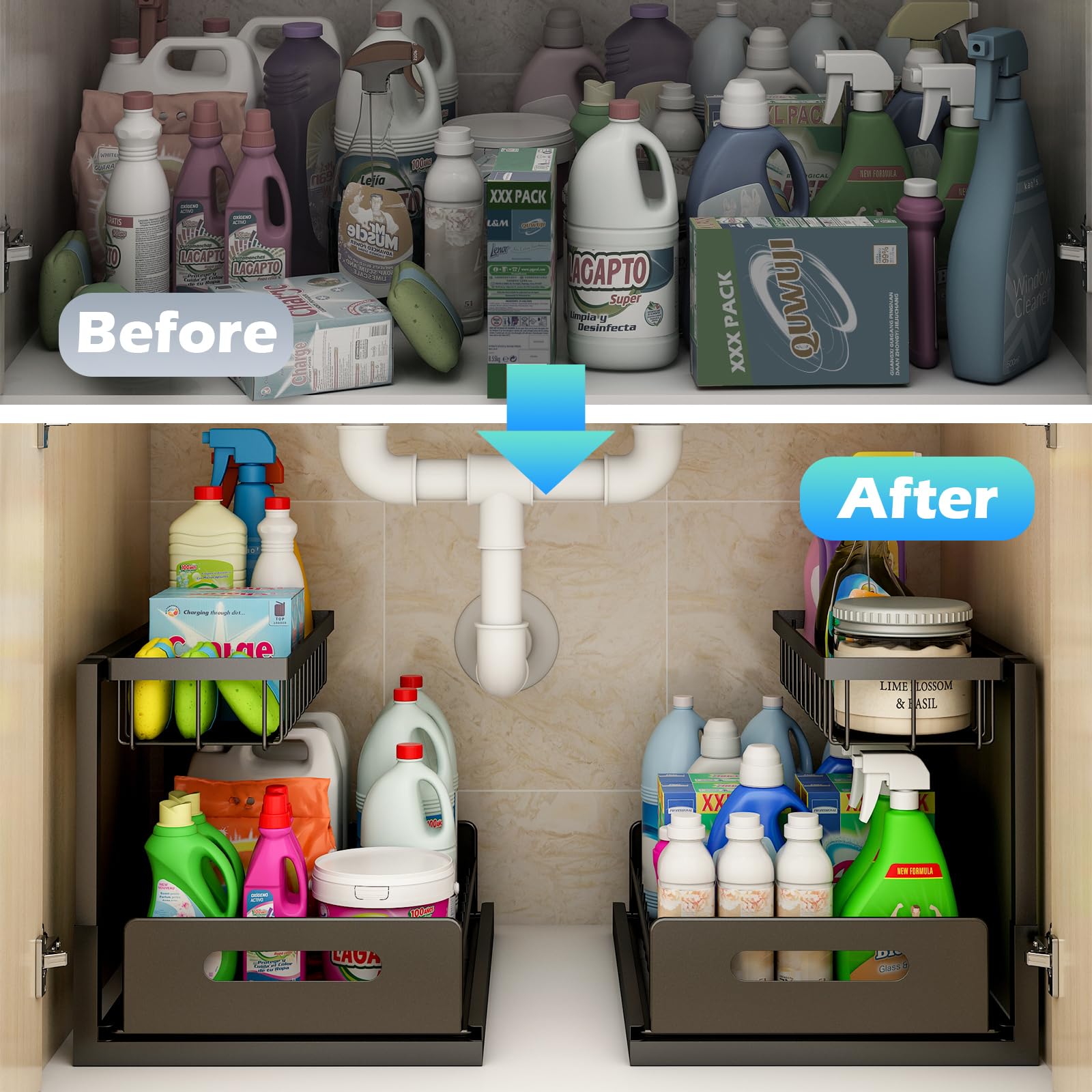 Under Sink Organizer with Sliding Drawer - 2 Tier Pull Out Cabinet Shelf for Kitchen & Bathroom Storage - Black Space Saving Solution (10.4