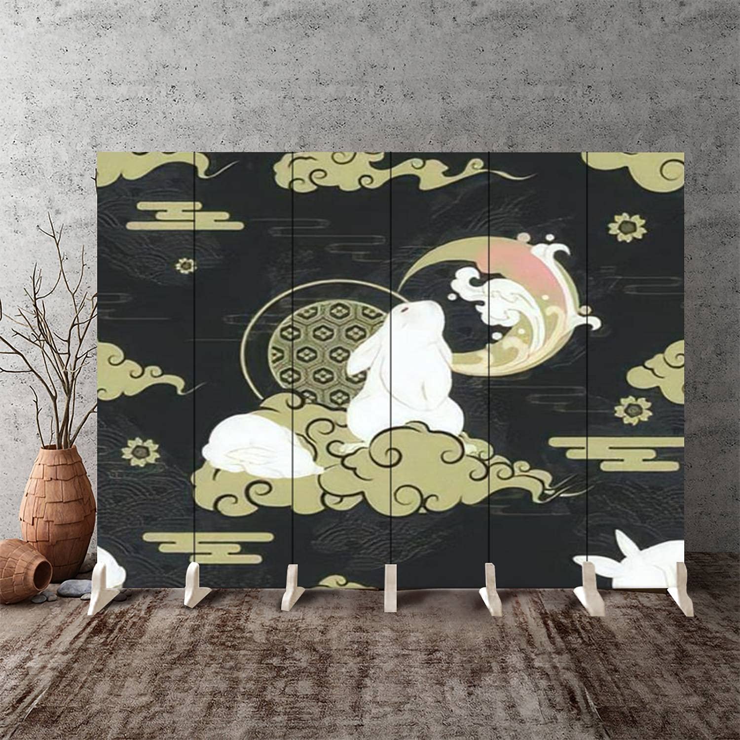 Japanese Style Canvas Room Divider Screen - 6 Panel Folding Privacy Partition with White Rabbit & Gold Repeat Pattern Art | Perfect for Bedroom, Office, Yoga Studio & Room Separation