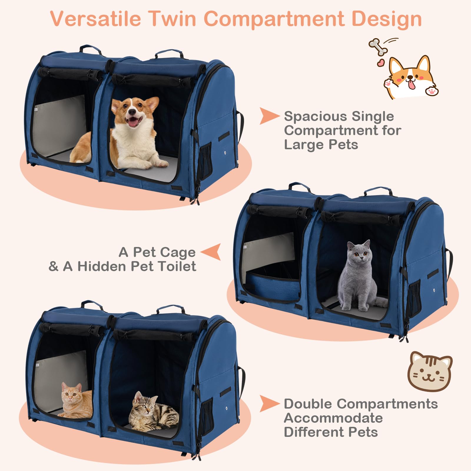 Giantex 40 Inch Large Cat Carrier with Double Compartments - Travel Litter Box Included, 2 Removable Hammocks & Mats - Portable Pet Kennel for Cats & Small Dogs - Comes with Carry Bag - Ideal for Car Travel, Camping & Vet Visits (Navy Blue)