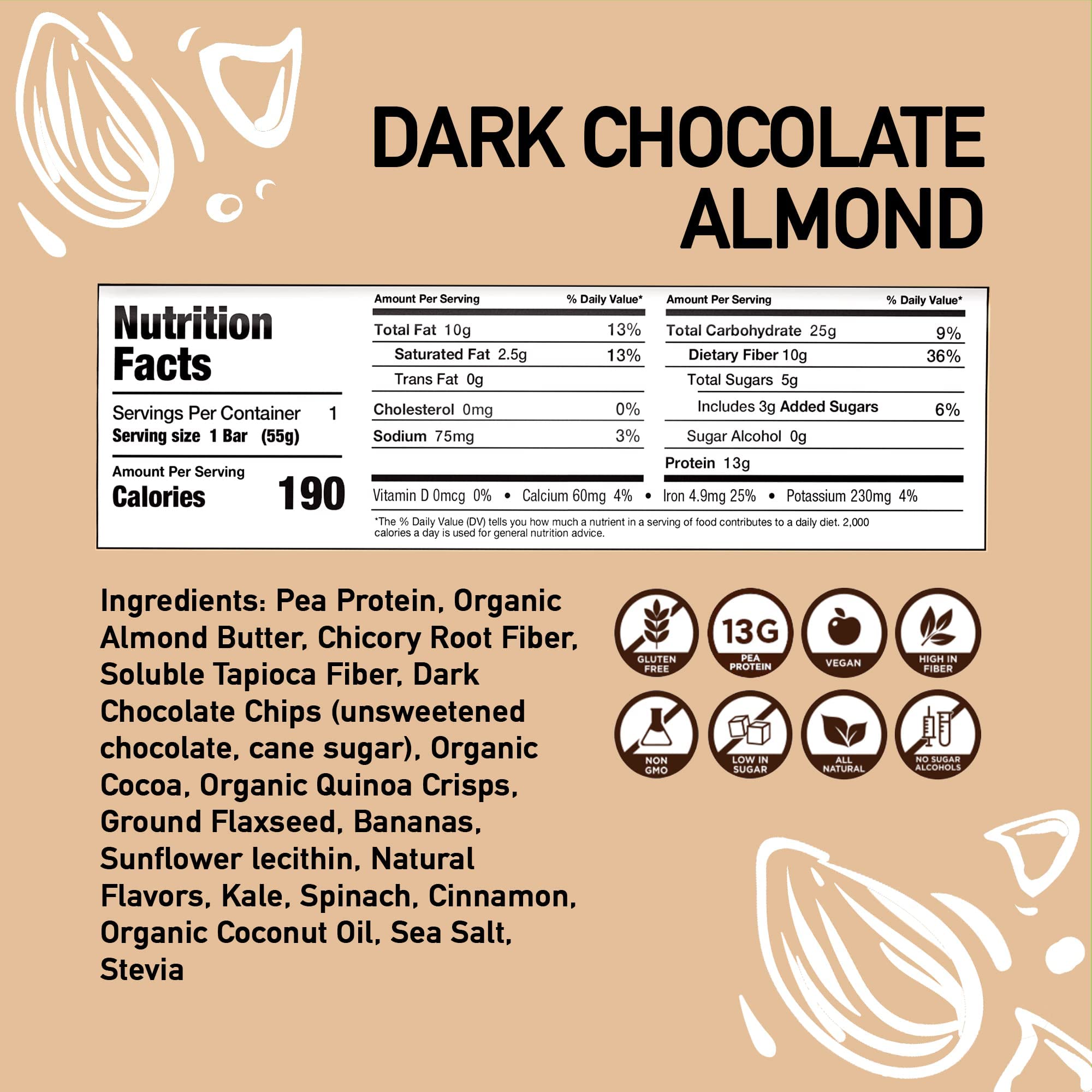Odyssey Snacks Dark Chocolate Almond Prebiotic Protein Bars - 12 Pack | 13g Plant Protein | Gluten Free Healthy Snacks for Breakfast & On-the-Go | Superfood Energy Bars for Kids & Adults | Perfect for Workouts, Hiking & Busy Lifestyles
