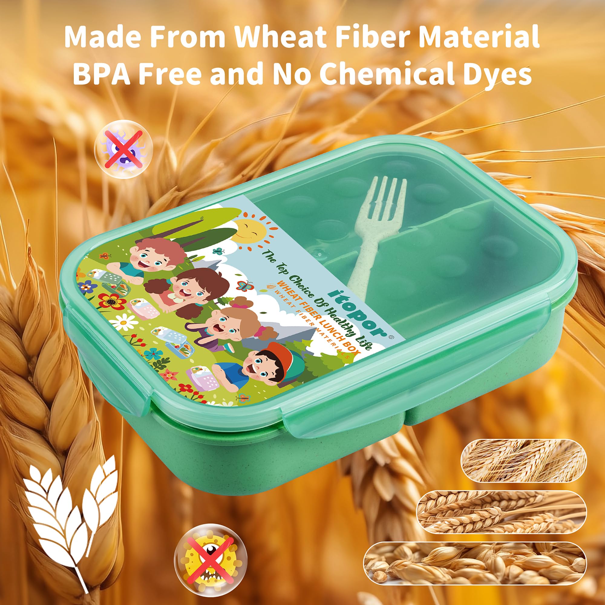 Itopor® Leak-Proof Bento Lunch Box for Kids & Adults - 1300ml Wheat Fiber Eco-Friendly Microwave & Dishwasher Safe Food Container with Utensils (Green) - Perfect for School, Office, Picnics & Meal Prep