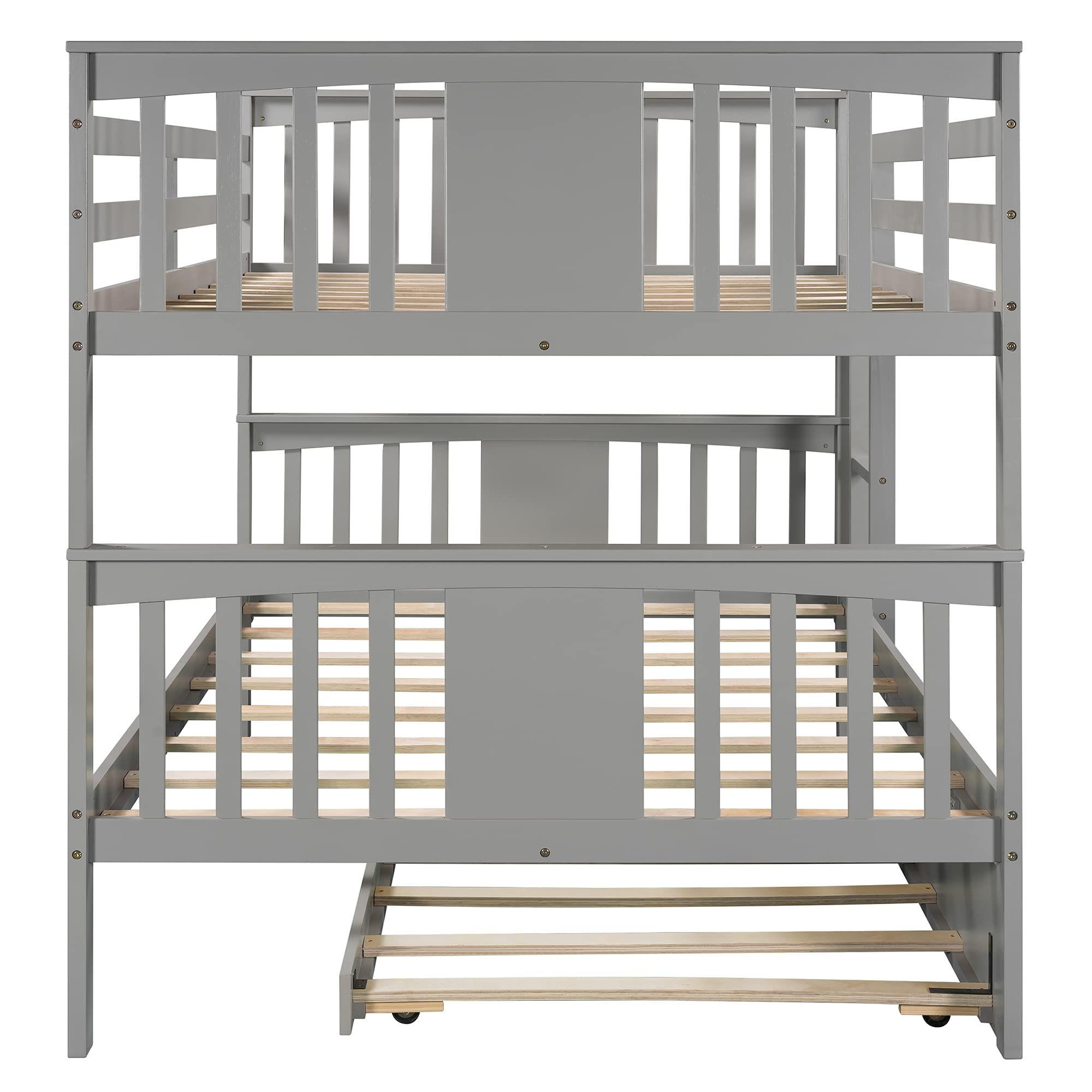 Harper & Bright Designs Solid Wood Full Over Full Bunk Bed with Trundle & Ladders - Grey Bedroom Furniture for Kids, Teens & Guest Rooms - Space Saving Solution for Shared Bedrooms & Sleepovers