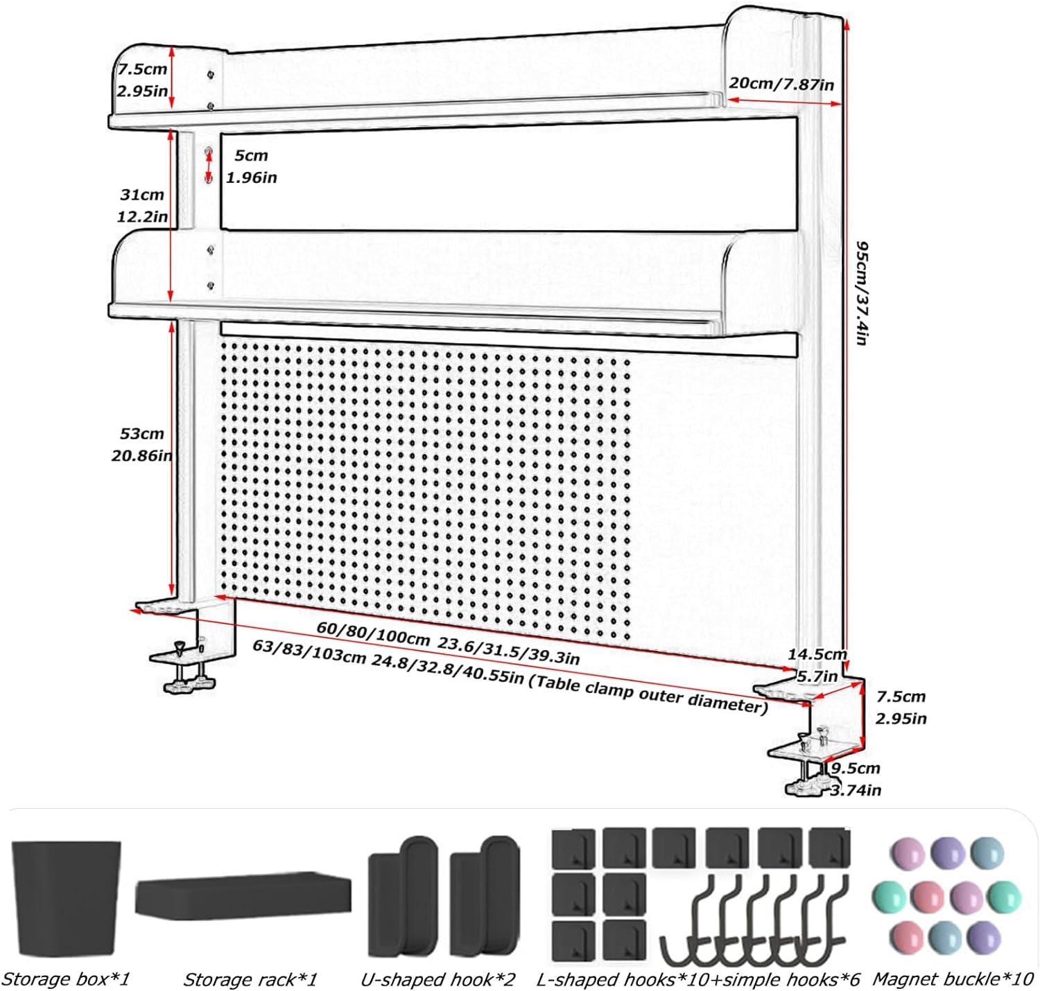 Clamp On Desk Organizer Shelf - Adjustable 23.6/31.5/39.3 Inch Desktop Shelving System with Pegboard | Office Computer Desk Accessories & Gaming Desk Privacy Panel | Perfect for Home Office, Gaming Setup & Workspace Organization (Black)
