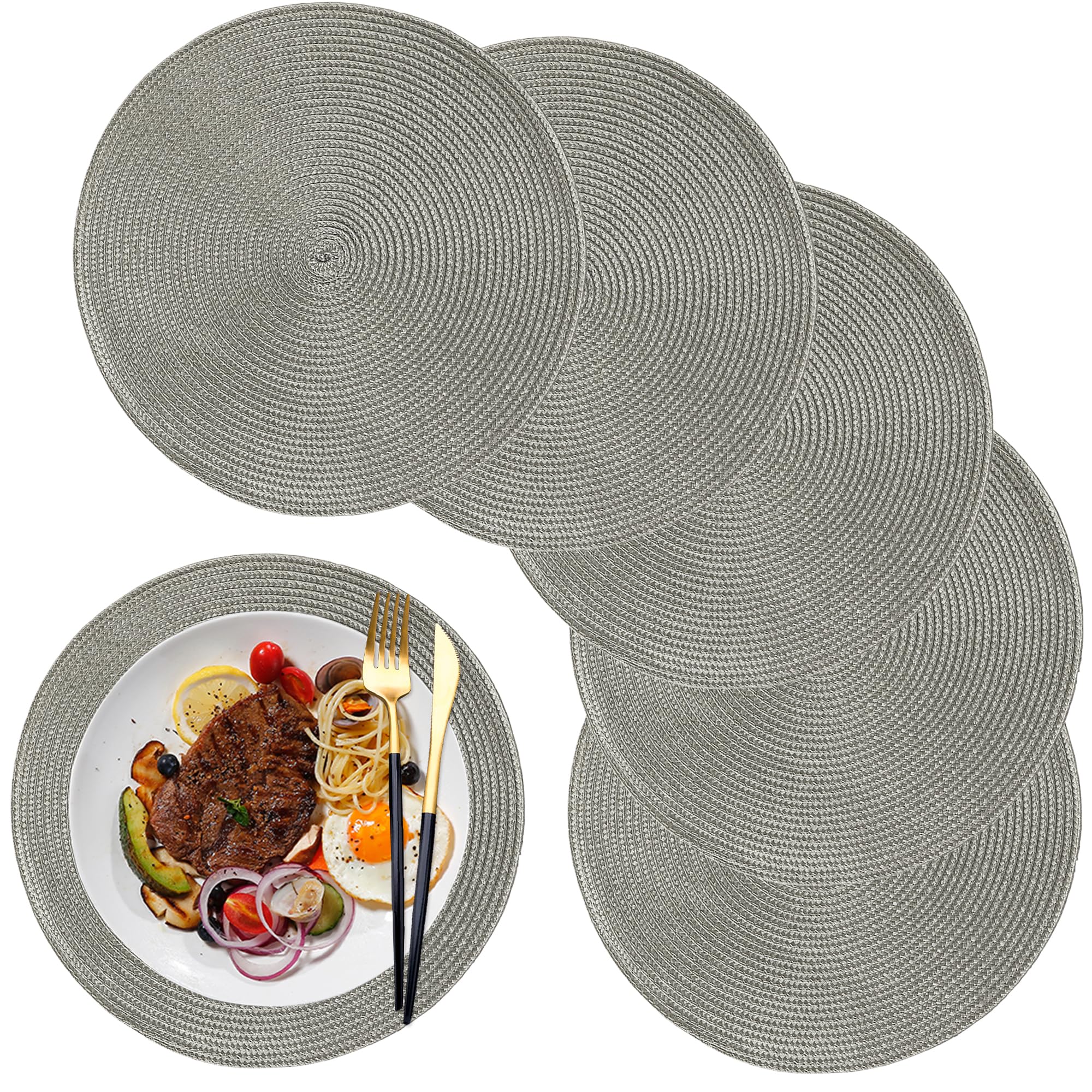Round Heat-Resistant Anti-Slip Placemats Set of 6 - 12.6 Inch Washable Gray Table Mats for Dining Room, Kitchen & Outdoor Use (32CM) - Perfect for Everyday Meals, Dinner Parties and Picnics