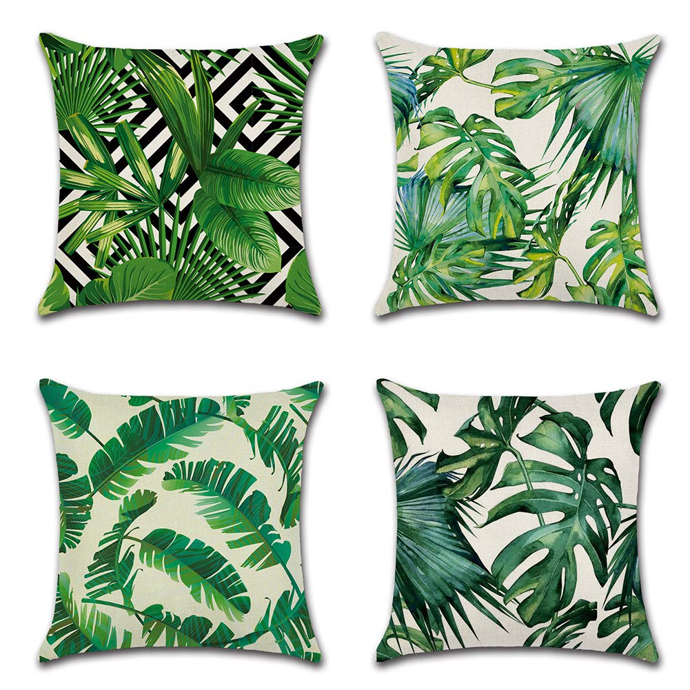 JOTOM 4-Pack Linen Polyester Blend Pillow Covers 45x45cm - Tropical Plant Print Decorative Cushion Covers for Sofa, Car, Bed, Chair - Home Decor & Interior Design Accessories