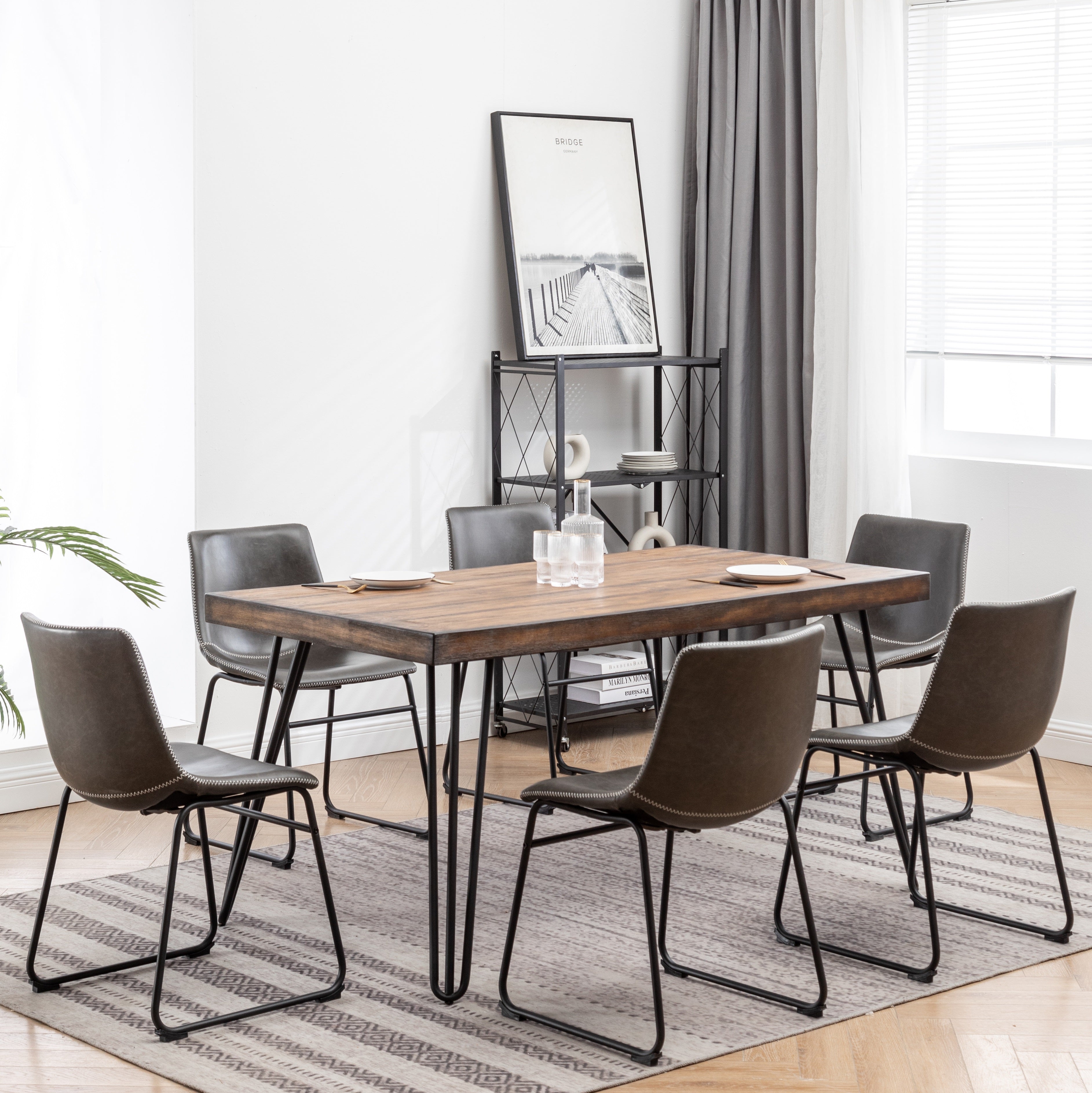 Roundhill Furniture Aryven 7-Piece Industrial Dining Set - Rustic Dark Pine Table & 6 Antique Gray Faux Leather Chairs for Farmhouse Kitchen & Dining Room Decor