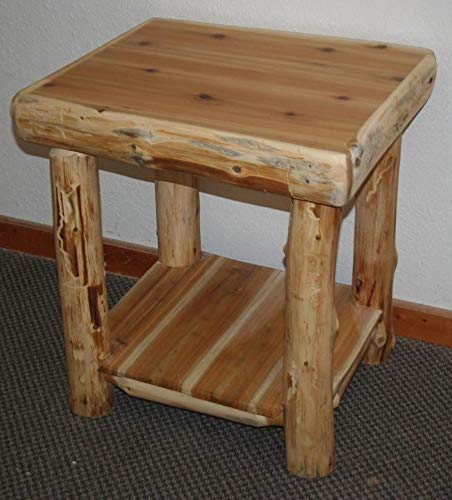 Rustic White Cedar Log End Table with Shelf - Handcrafted Wooden Side Table for Living Room, Bedroom, or Patio Decor