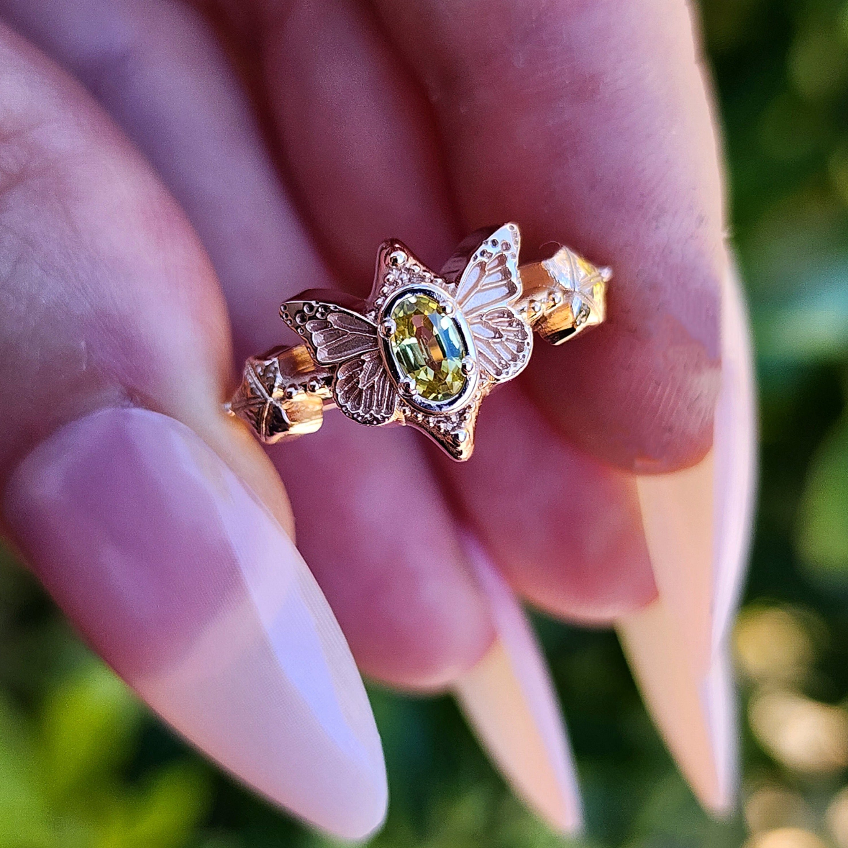 Jackie Butterfly Faerie Ring with Amethyst - Fantasy Fairy Engagement Ring with Ivy Leaf Design - Perfect for Weddings, Prom, Cosplay & Fantasy Themed Events