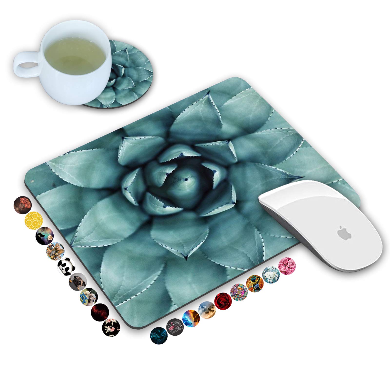 Green Aloe Succulent Plant Mouse Pad & Coasters Set - Non-Slip Rubber Base Rectangle Mouse Pad for Laptop, Computer & Office Accessories | Perfect for Home Office, Gaming & Workspace Decor