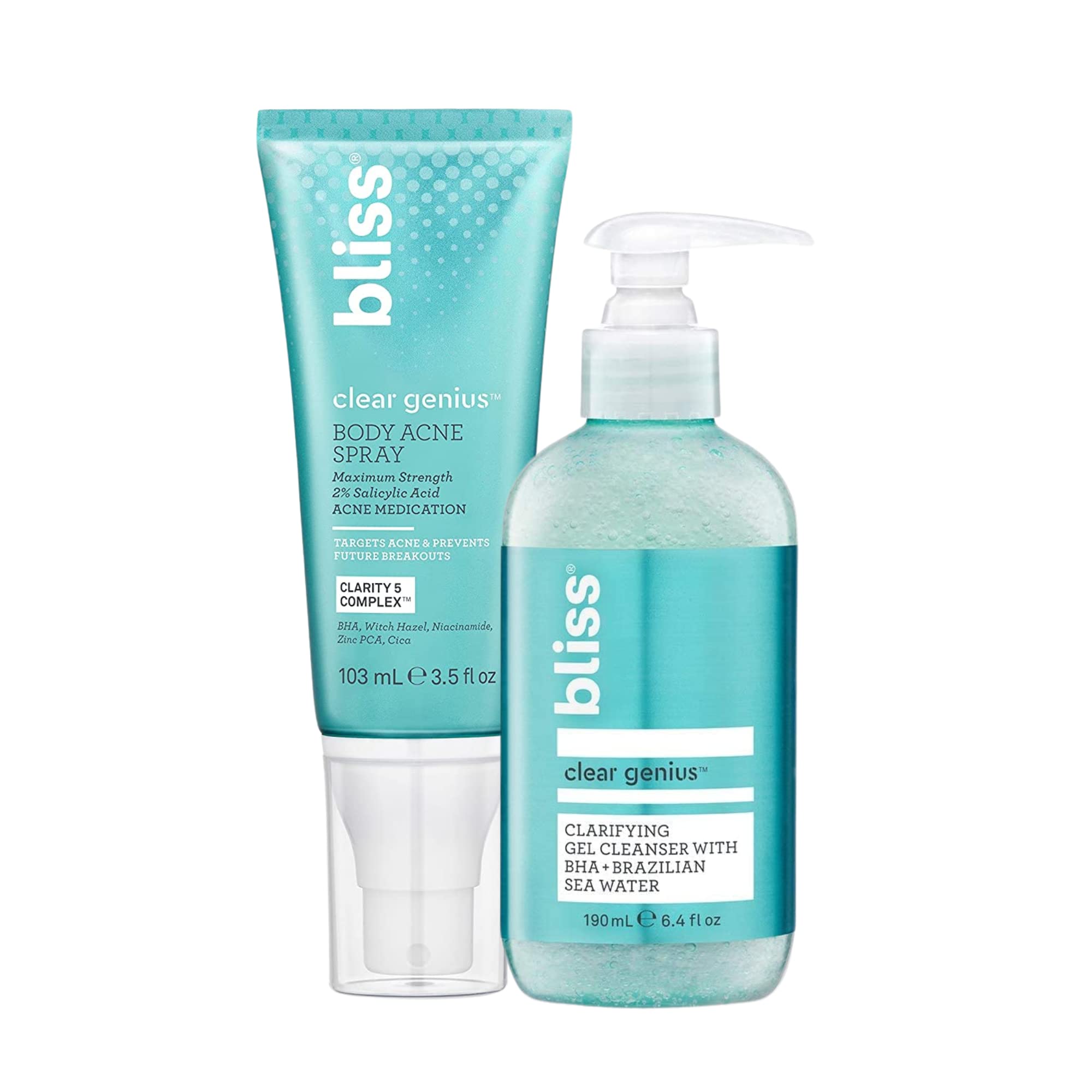 Bliss Clear Genius Clarifying Gel Cleanser & Acne Treatment Body Spray Bundle - Vegan, Cruelty-Free, Paraben-Free Skincare Set for Face and Body | Perfect for Acne-Prone Skin & Post-Workout Breakout Prevention