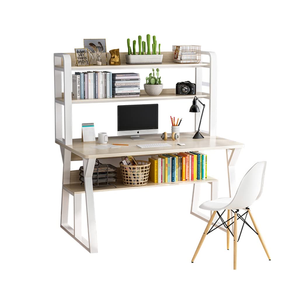 White Modern Computer Desk with Hutch & Bookshelf - 47.3x23.6 Inch Home Office Desk with Spacious Work Surface & Storage Shelves - Sturdy Metal Frame Study Writing Workstation - Easy Assembly for Small Spaces, Dorm Rooms & Home Offices
