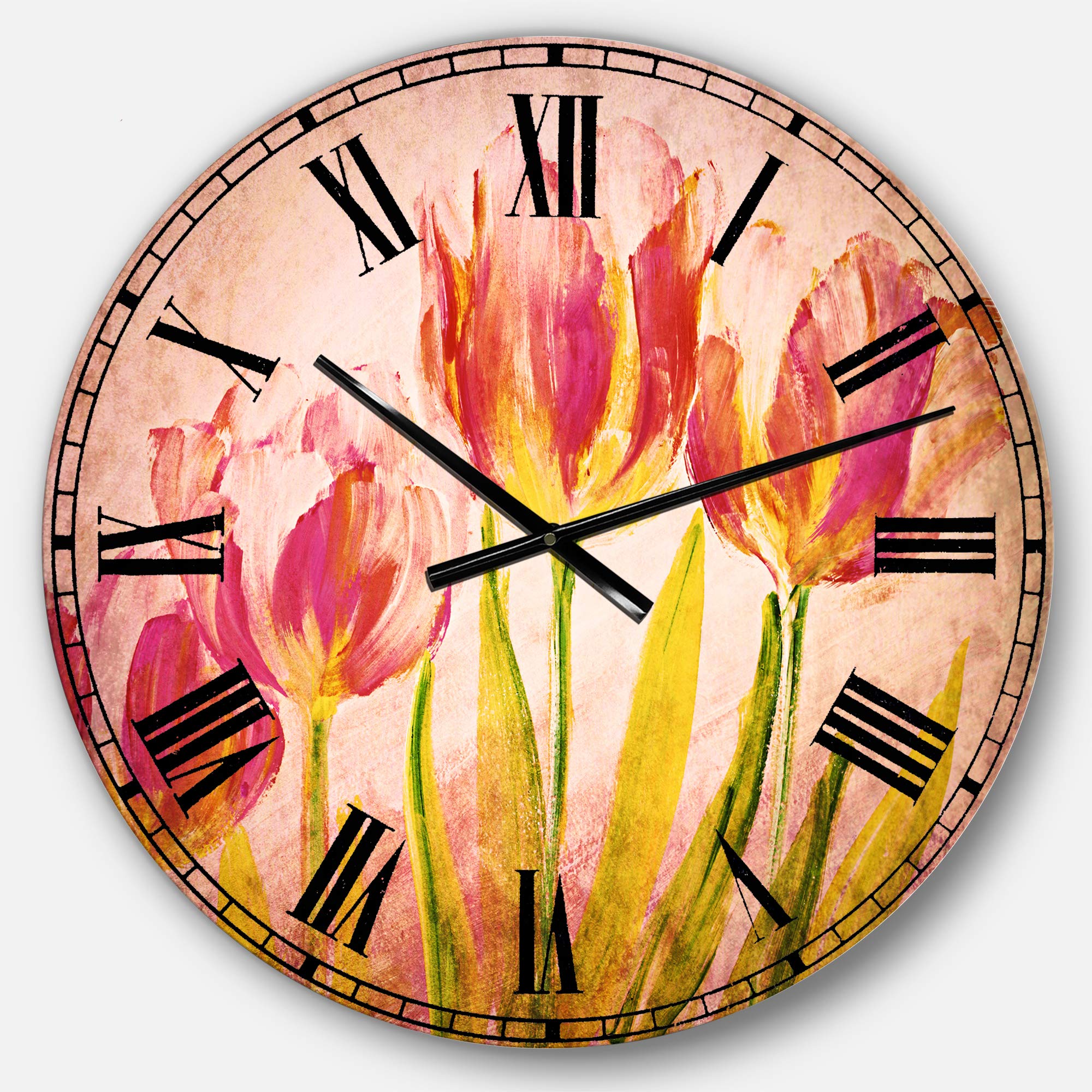 Designart Red Tulips Wall Clock - Traditional Round Metal Wall Art for Home Decor, Living Room, Bedroom & Office | Vintage Floral Decorative Clock for Wall Decor & Gift Idea