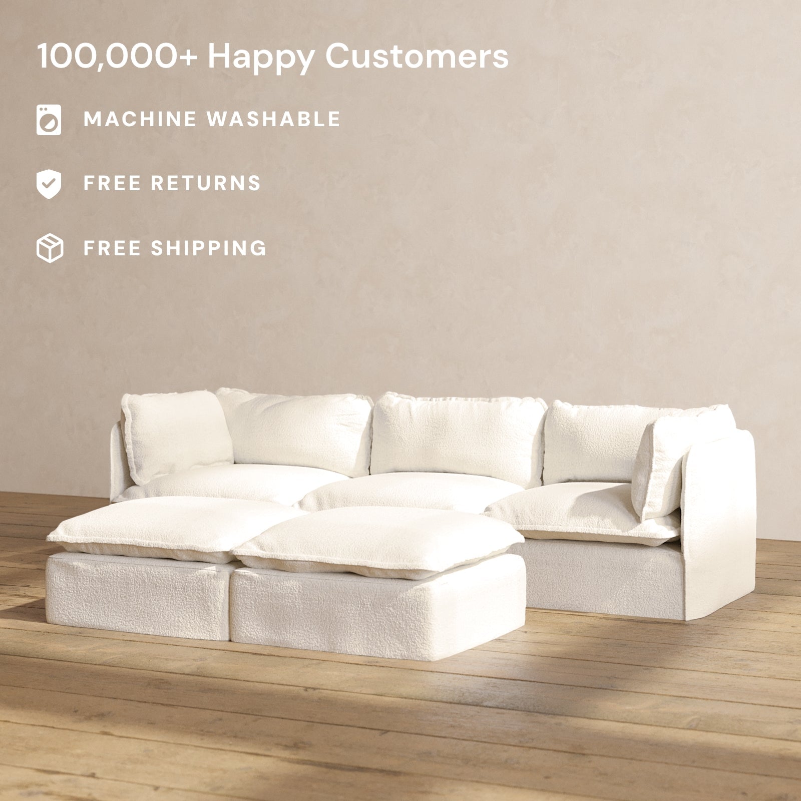 Modular Performance 3-Seater Sofa with Bench Ottoman in Mousse Fabric | Modern Sectional Couch for Living Room | Perfect for Small Spaces, Family Gatherings and Relaxing Evenings