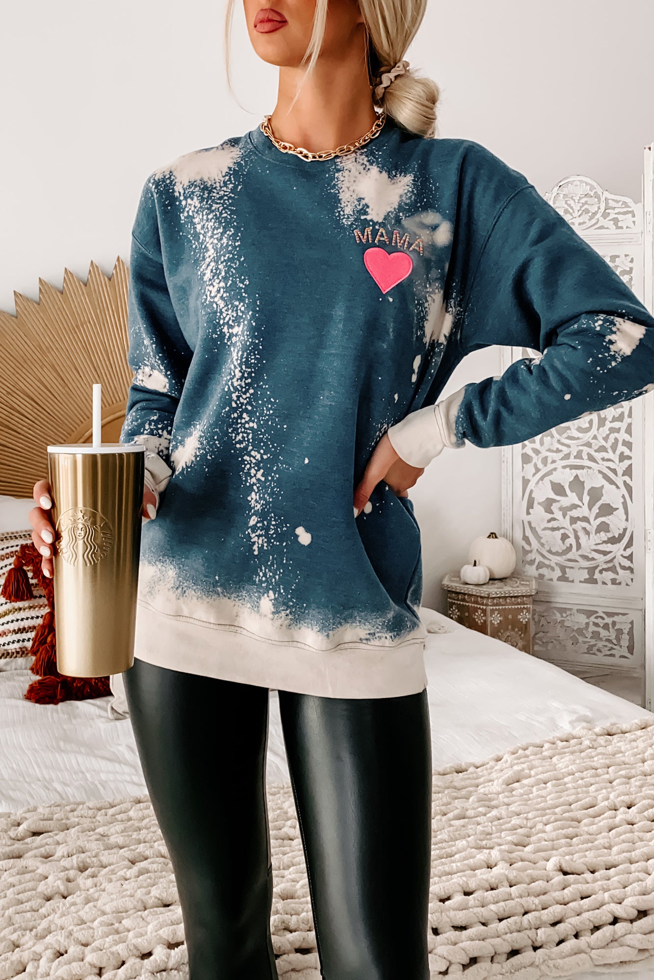 Mama Bleached Embroidered Crewneck Sweatshirt - Heather Denim Wash Style - Women's Casual Pullover for Everyday Wear & Street Fashion