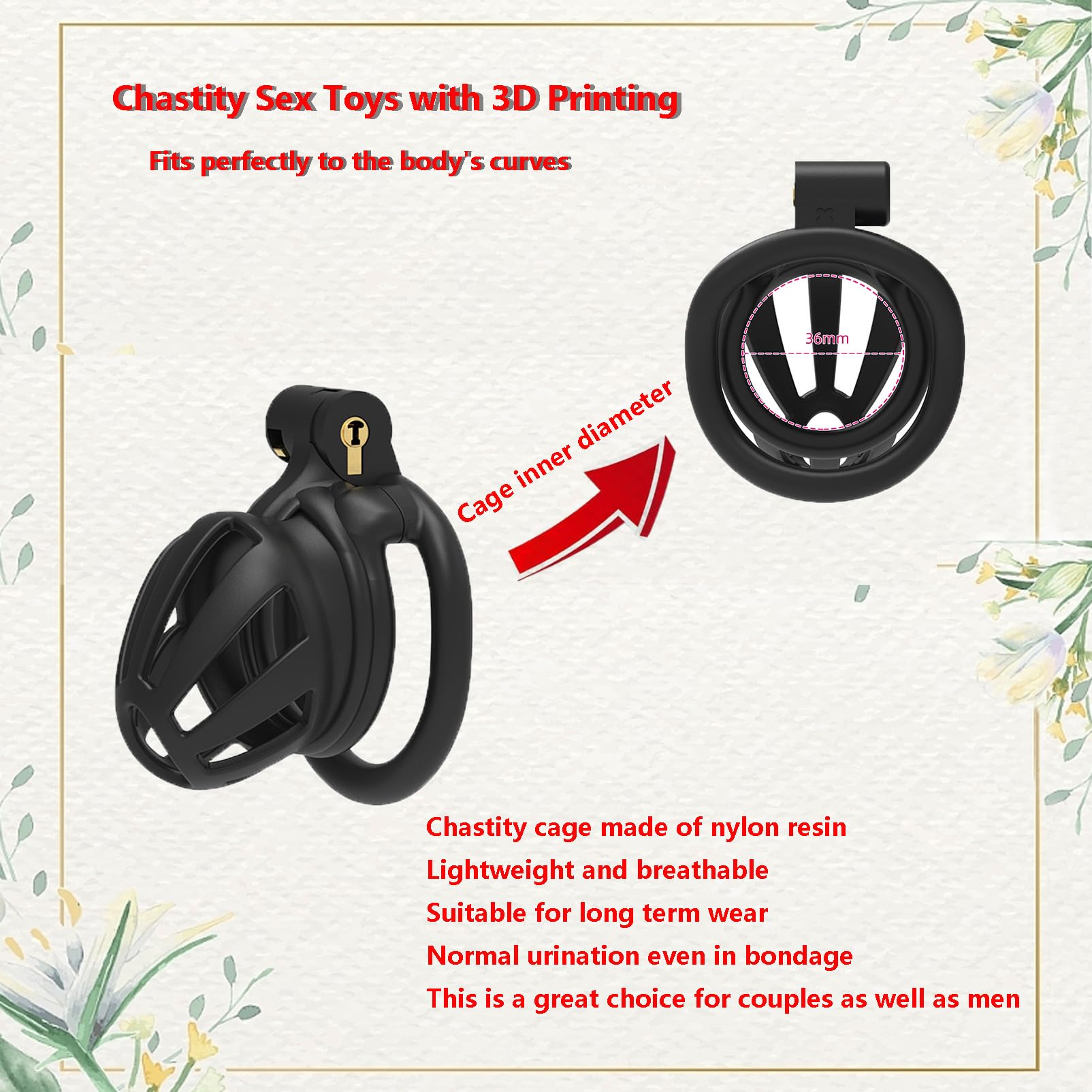 3D Resin Chastity Cage for Men - 4 Piece Penis Ring Set, Small & Breathable Sissy Chastity Device with Hidden Lock & Keys - Adult SM Cock Bondage Slave Sex Toys (Short-Flat, Black) for BDSM Play, Couples Roleplay, and Male Submissive Training
