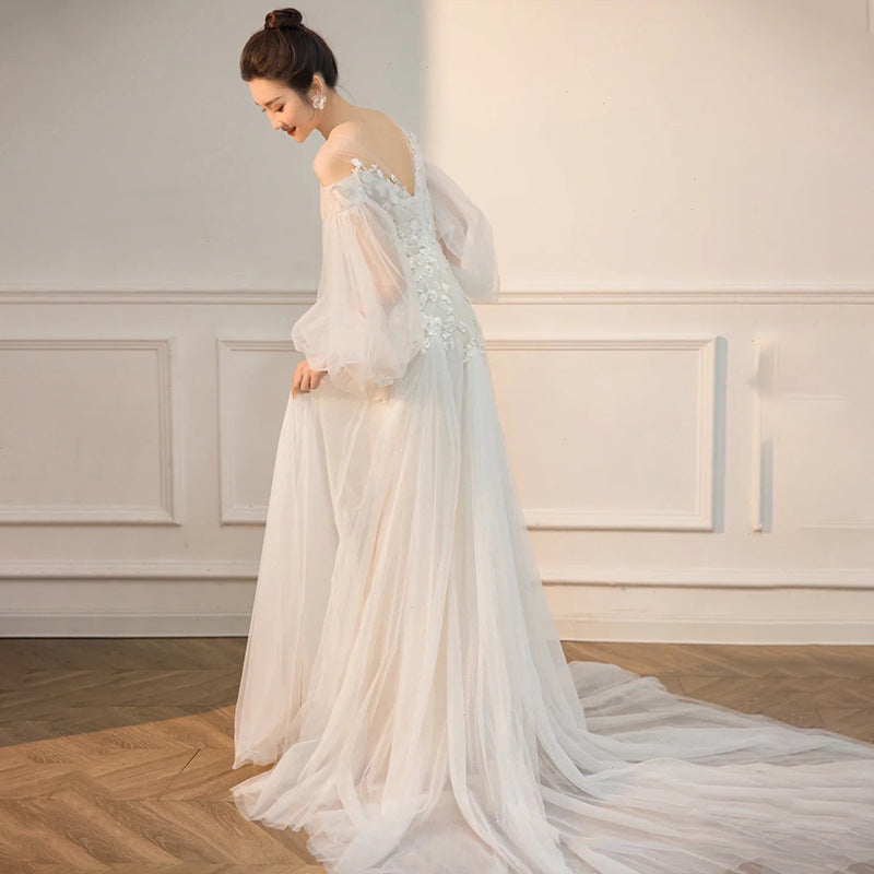Elegant Long Sleeve Off-Shoulder Wedding Dress with Train - Fairy Tale Bridal Gown for Prom, Ball & Formal Events - Size 38 | Perfect for Church Ceremonies, Vow Renewals & Winter Weddings