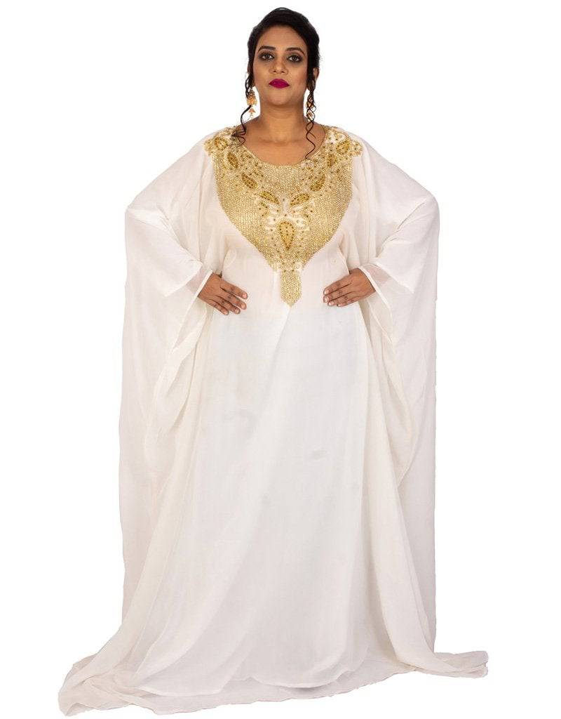 Elegant White Arabic A-Line Embroidered Farasha Dress for Women - Perfect for Weddings, Parties & Special Occasions