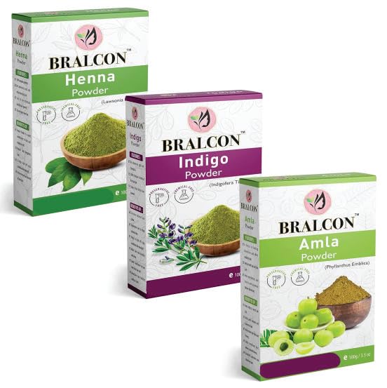 BRALCON Organic Henna, Indigo, Amla Powder Combo - 300g (100g x 3 Pack) | Natural Hair Dye & Hair Growth Treatment | Skin Care, Conditioning & Anti-Dandruff Solution | Perfect for DIY Hair Coloring, Henna Tattoos & Ayurvedic Hair Care