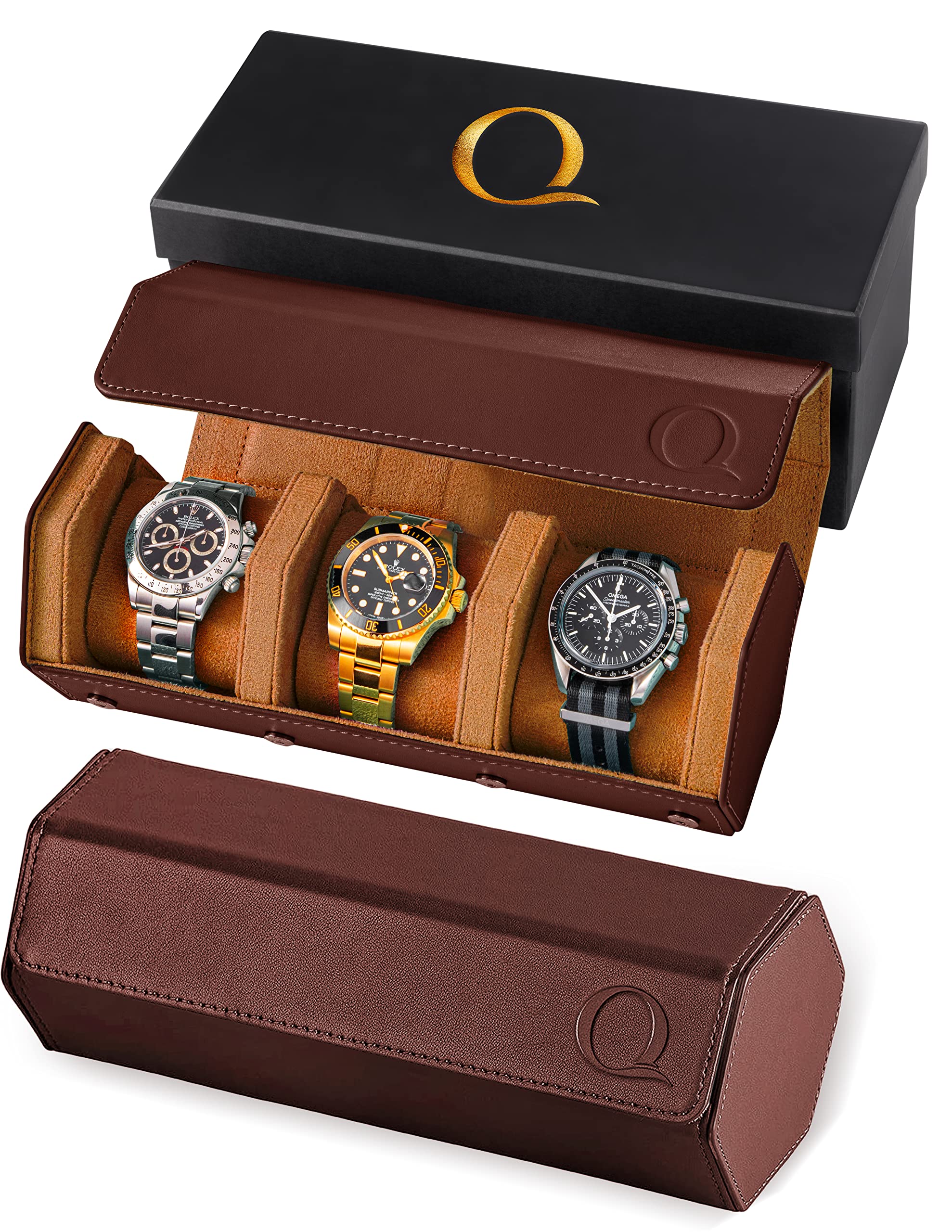 Premium Napa Leather Watch Roll for Men - Hexagon Triple Watch Travel Case Holds 3 Watches - Genuine Leather Storage Organizer with Velvet Lining (Brown/Tan) - Perfect for Travel, Business Trips & Watch Collection Display