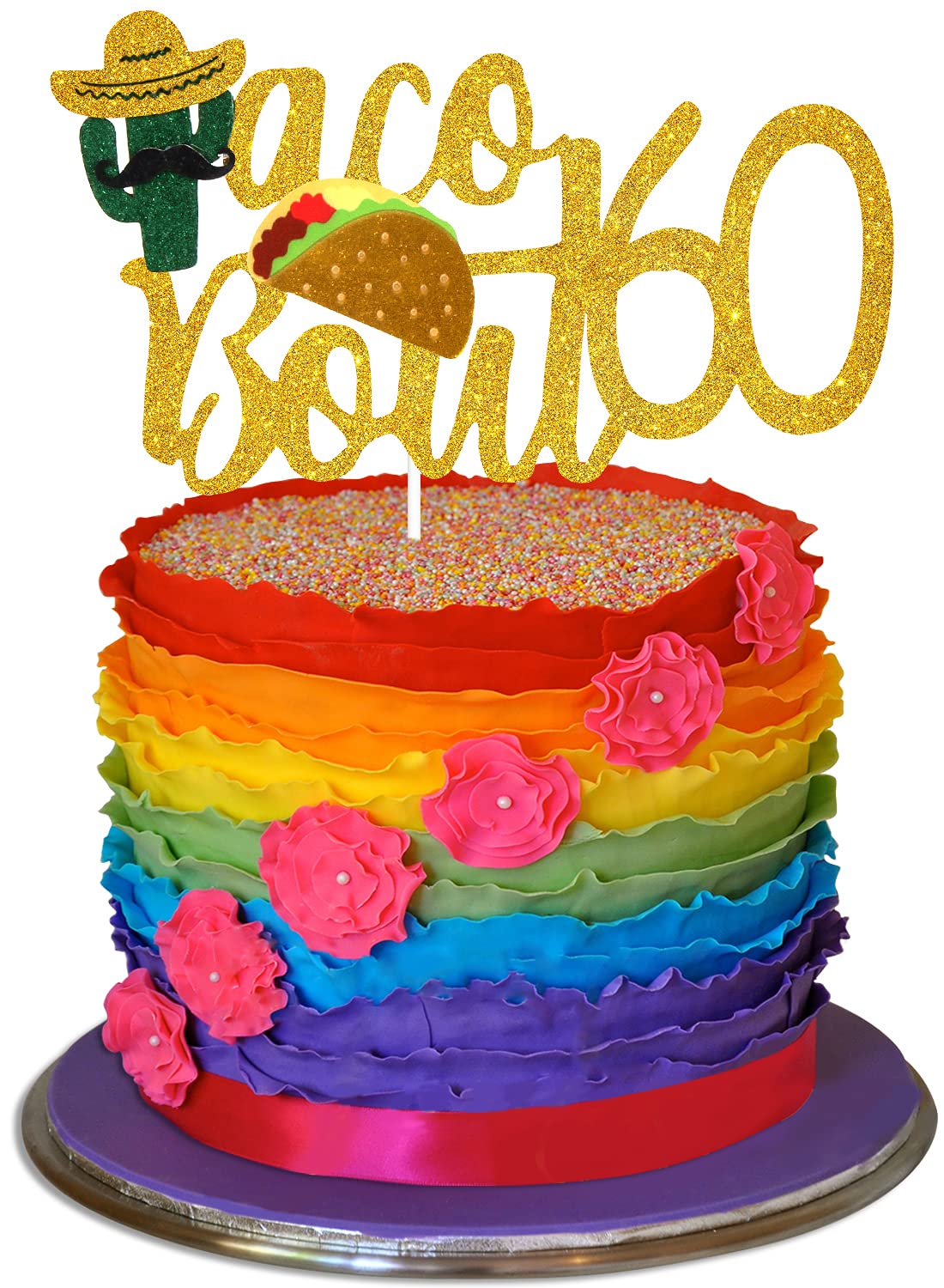 60th Birthday Cake Topper - Glitter Taco & Cactus Decor for Fiesta Party Supplies - Fabulous Sixty Celebration - Mexican Summer Theme Decoration | Perfect for 60th Birthday Cakes, Dessert Tables & Fiesta-Themed Parties