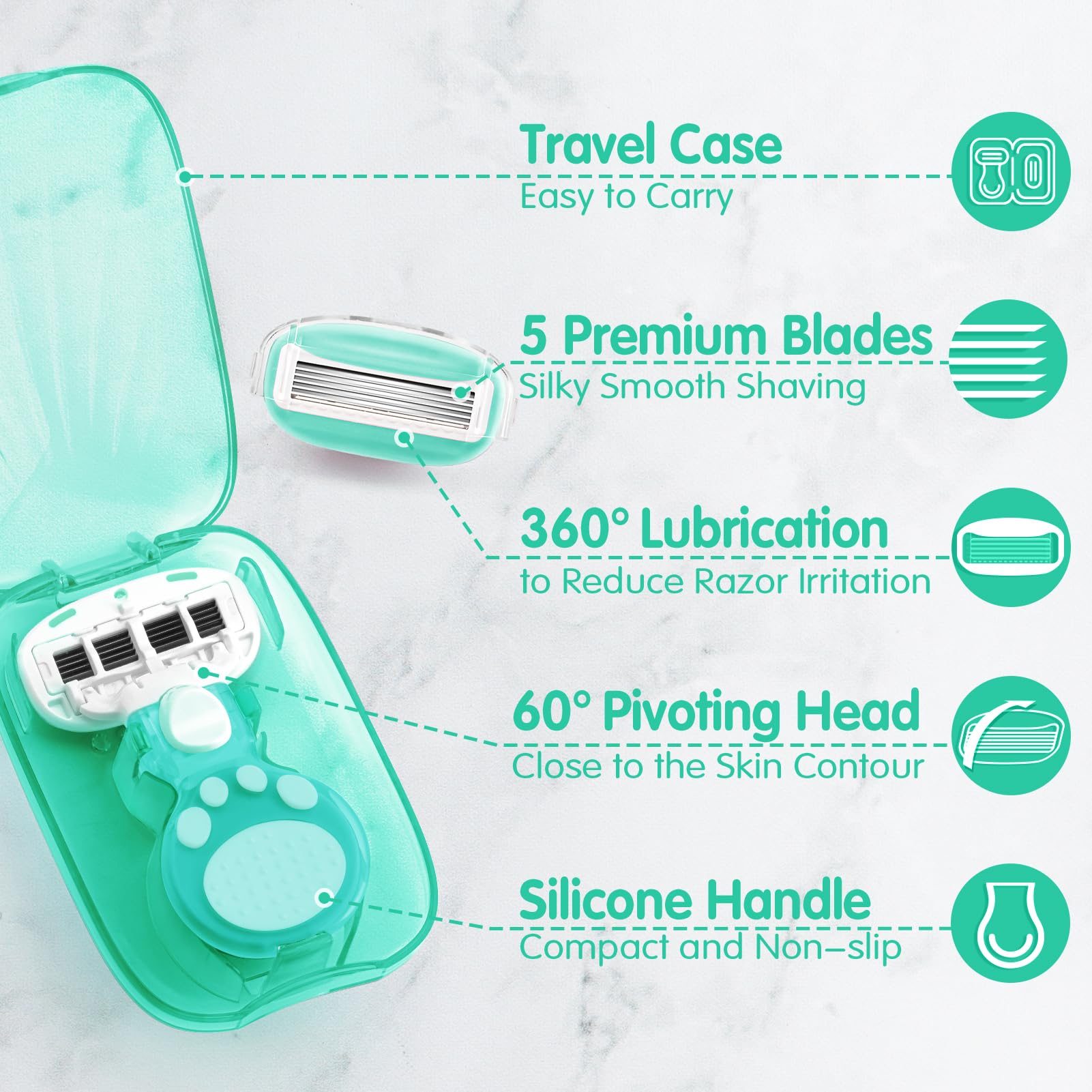DreamGenius 5-Blade Women's Travel Razor Set with 1 Handle, 2 Cartridges & Case - Ultra Smooth Shaving for Legs, Underarms & Bikini Area - Perfect for Vacation, Gym Bag & On-The-Go Grooming Essentials