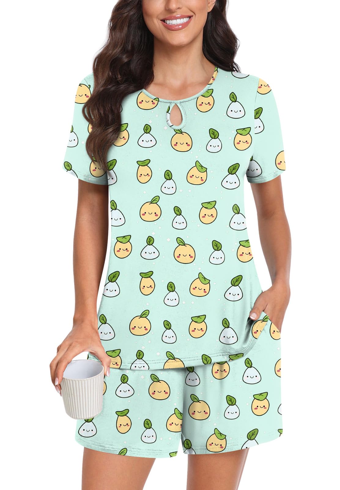 Aodemo Women's Summer Pajama Sets - Soft Short Sleeve Sleepwear with Pockets & Keyhole Design - Comfortable Nightwear for Lounge, Sleep & Vacation