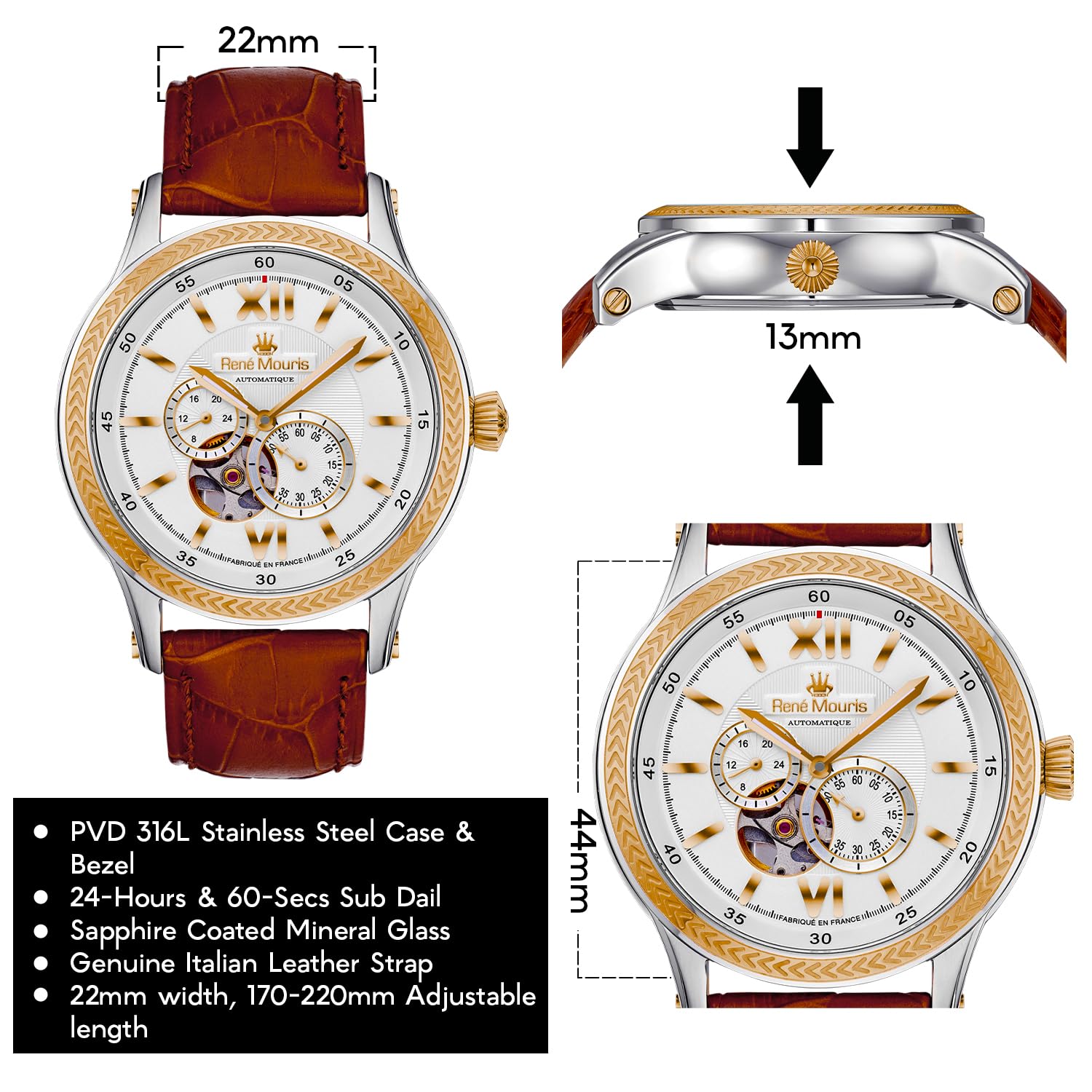René Mouris Men's Automatic Watch - 44mm Stainless Steel Skeleton Design, Sapphire Crystal, 100M Waterproof & Leather Strap | Luxury Dress Watch for Business, Formal Events & Everyday Wear