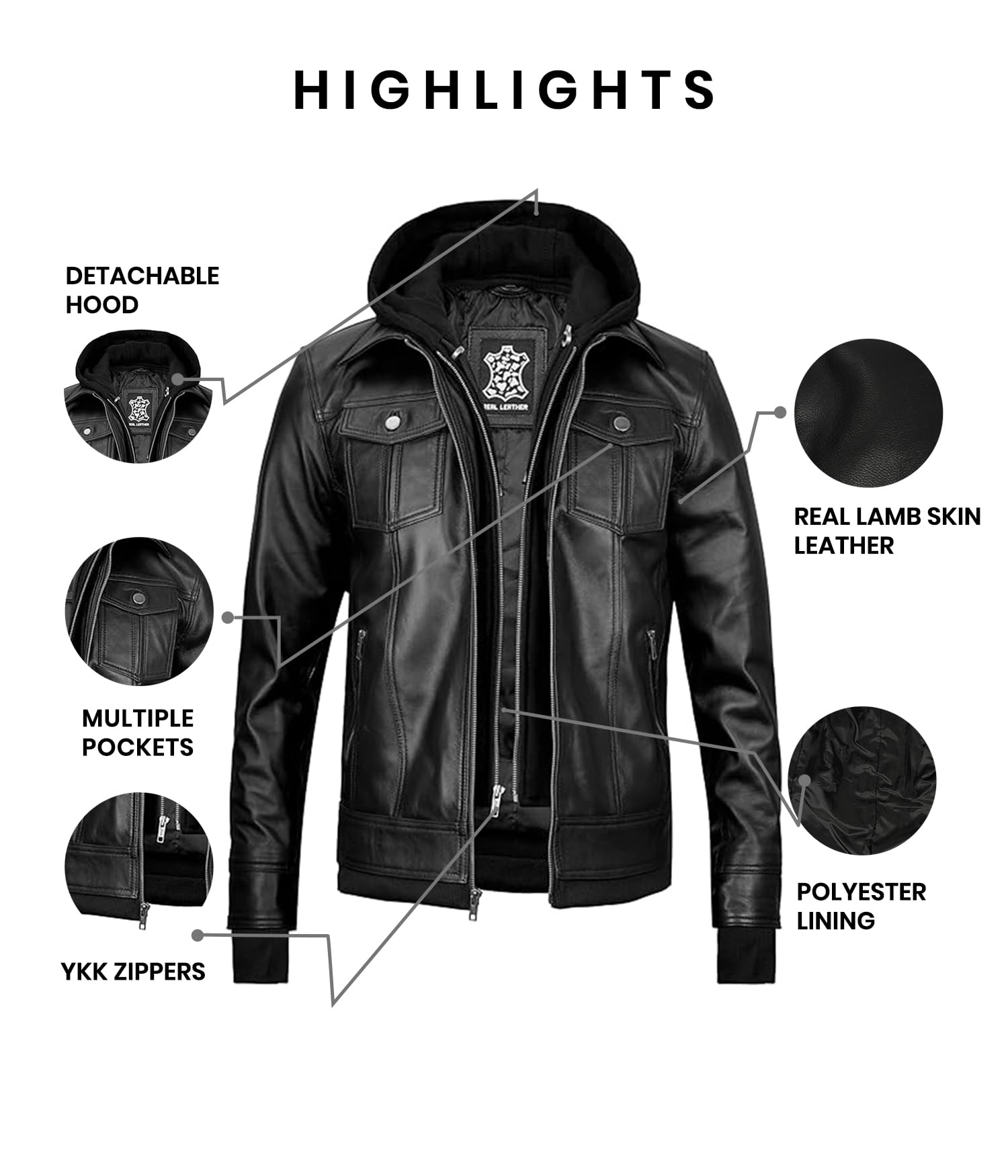 Blingsoul Men's Moto Style Leather Jacket with Removable Hood - Black Genuine Leather Biker Jacket for Men | Perfect for Motorcycle Riding, Casual Outfits & Winter Fashion