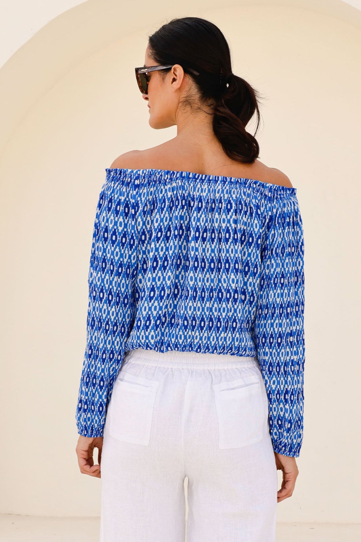 Ilana Long Sleeve Frill Top Women's Blouse - Aztec Blue & White Boho Chic Shirt for Casual Wear, Date Night & Office Outfits