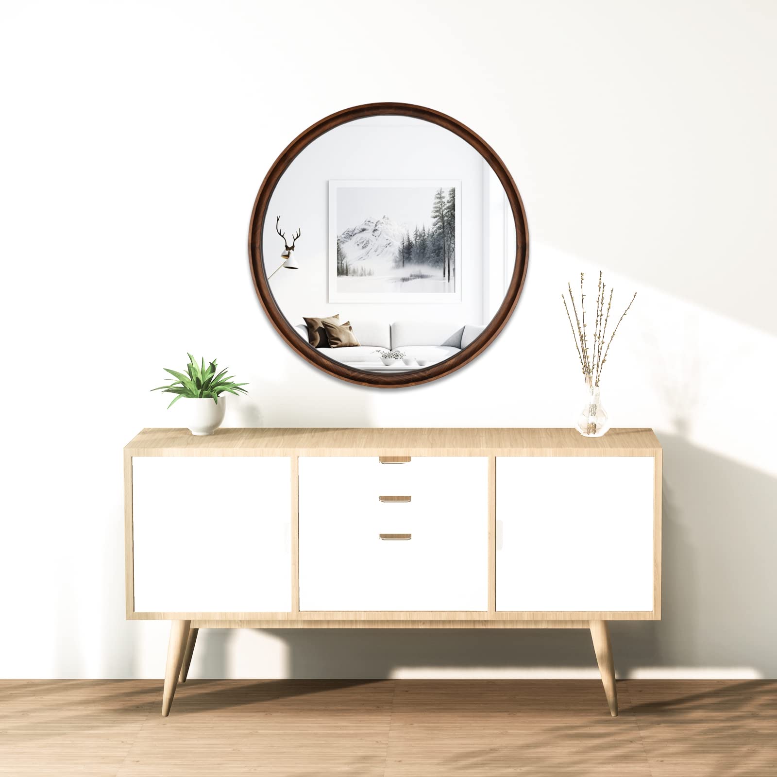 26 Inch Round Wooden Wall Mirror - Handcrafted Solid Wood Bathroom Vanity Mirror for Entryway, Living Room, Bedroom & Home Decor (Natural Brown) | Perfect for Farmhouse, Boho & Modern Interior Design Styles