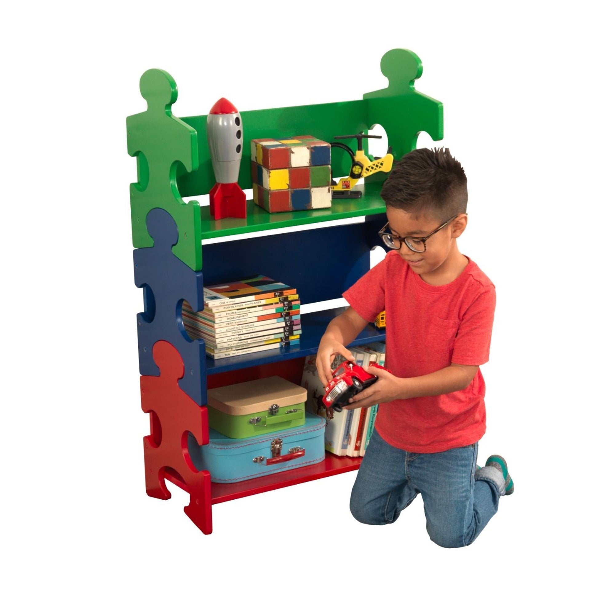 KidKraft Wooden Puzzle Bookshelf for Kids - Primary Color Children's Book Storage Organizer for Bedroom, Playroom & Classroom