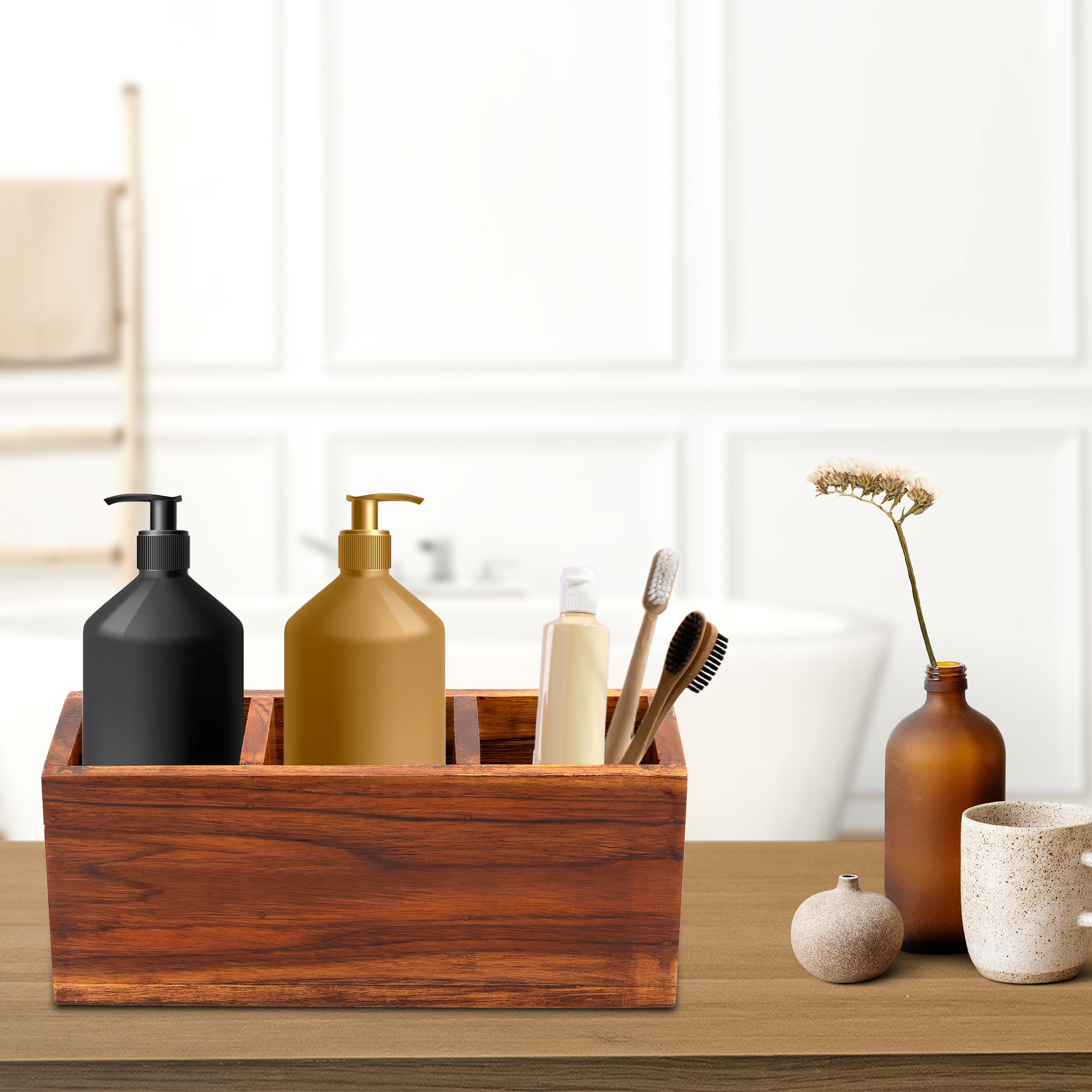 Premium Teak Wood Cutlery Holder for Kitchen, Dining Table & Hotel - 3 Compartment Organizer | Stylish & Durable Utensil Storage for Home & Restaurant Use
