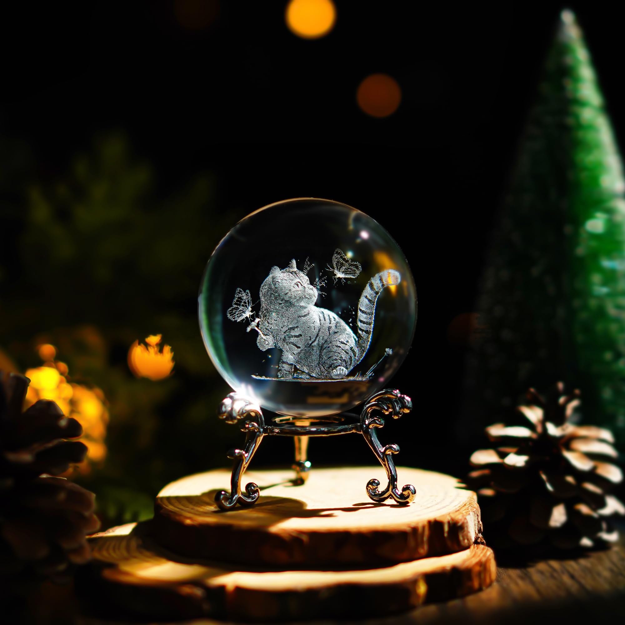 3D Crystal Cat Ball with Laser Engraved Butterflies - Glass Paperweight with Stand - Unique Home Decor & Gift for Cat Lovers - Perfect for Desk Decor, Feng Shui, and Cat-Themed Party Favors