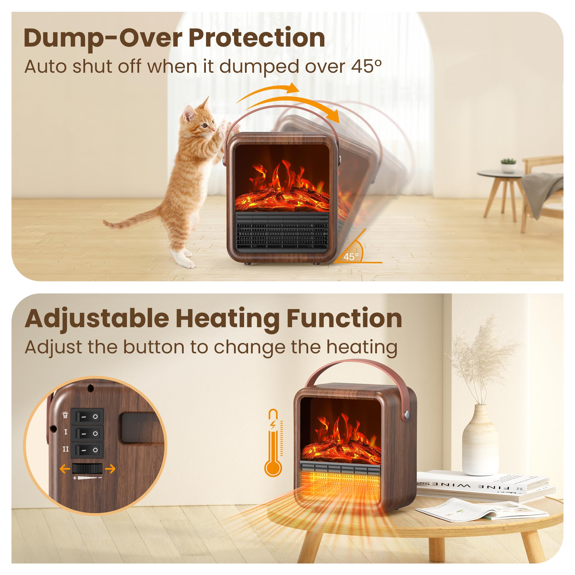 Portable Space Heater with 3D Flame Effect - 1500W/750W PTC Ceramic Heater, Thermostat & Tip-Over Protection - Mini Electric Fireplace for Bedroom, Office & Indoor Use - Walnut Finish