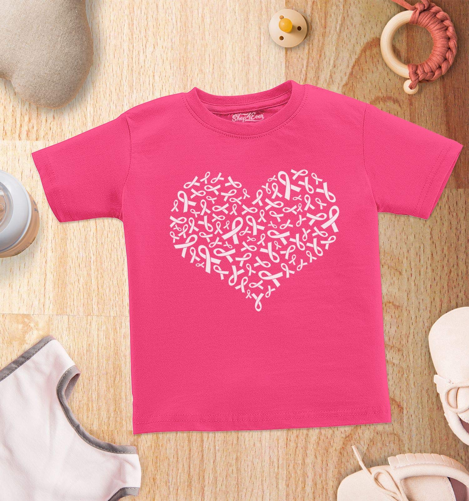 Shop4ever® Pink Ribbon Breast Cancer Awareness Heart-Shaped Cotton Toddler T-Shirt - Supportive & Comfortable for Kids, Perfect for Fundraisers & Awareness Events