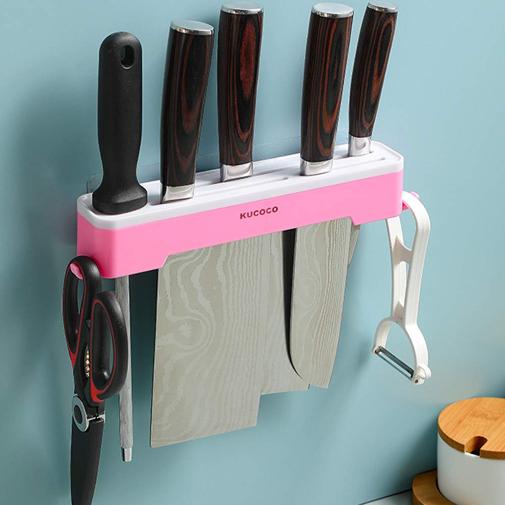 Wall Mounted Knife Holder - Magnetic Knife Organizer with Strong Adhesive, No Drilling Required - Space Saving Kitchen Storage Solution for Knives, Scissors & Utensils (Pink) - Perfect for Small Kitchens, RVs & Dorm Rooms