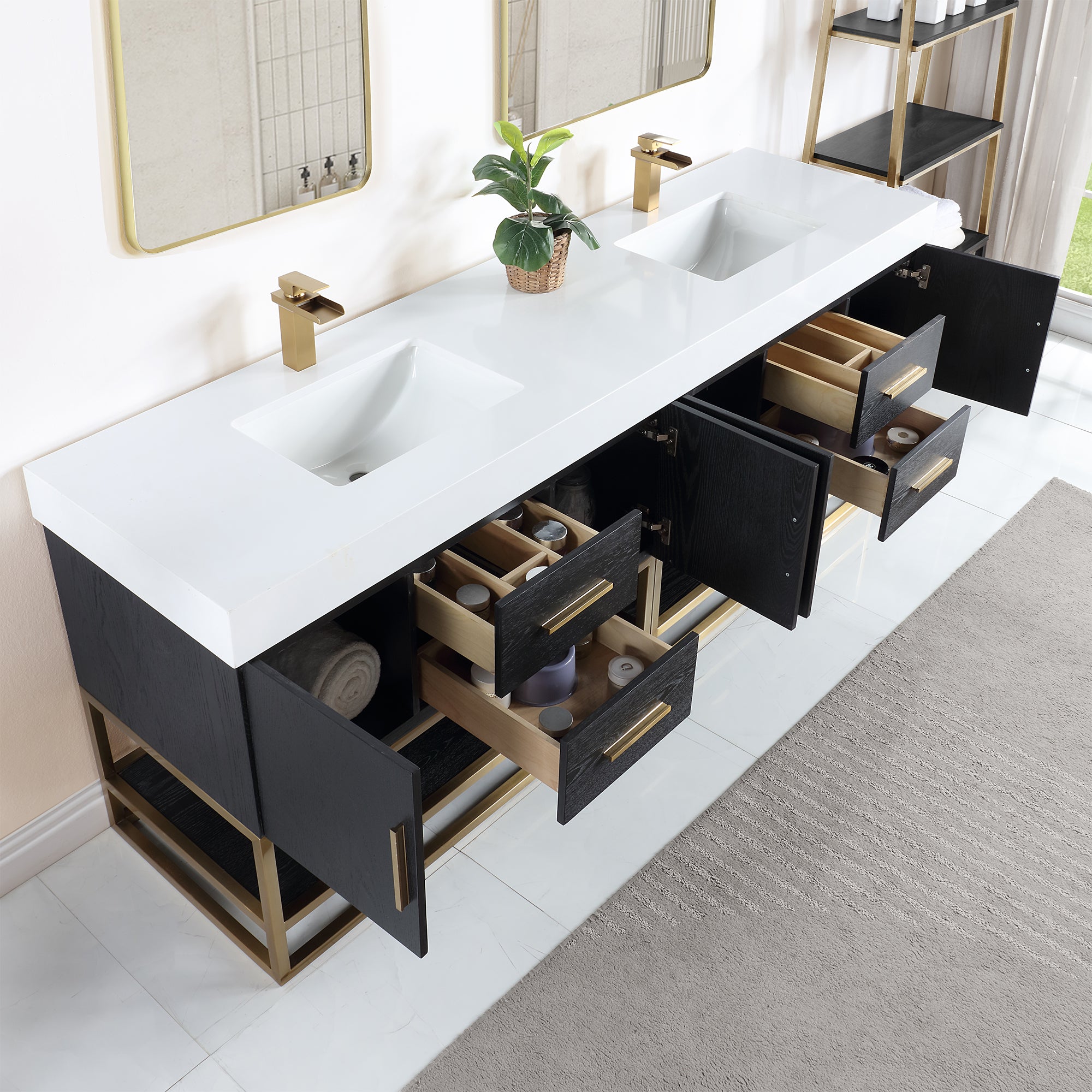 Black Oak Bianco 72/84 Inch Double Bathroom Vanity with Engineered Stone Countertop - Modern Bathroom Storage Solution for Master Bath & Guest Bath Remodel