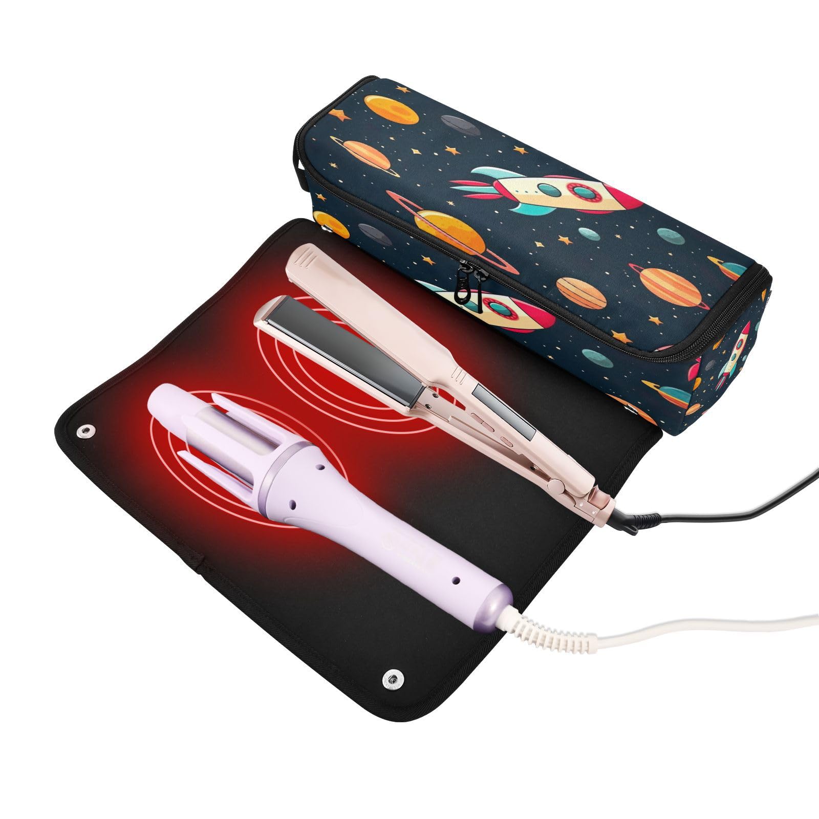 Kigai Spaceship Pattern Heat Resistant Hair Tools Travel Organizer - 2-in-1 Portable Curling Iron Case with Thermal Mat for Women | Perfect for Travel, Gym & Salon Visits