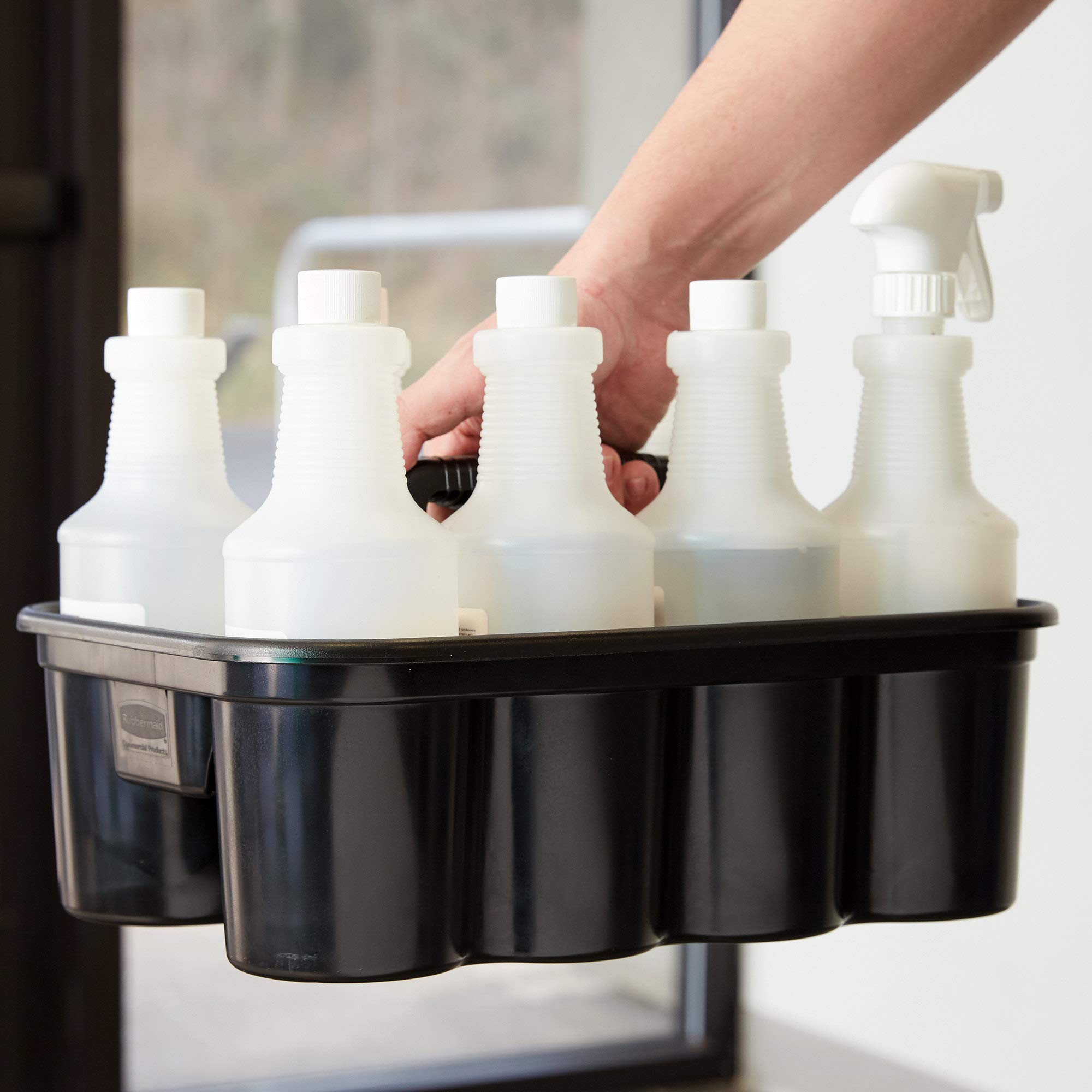 Rubbermaid Commercial Deluxe Cleaning Caddy - 6 Pack, Black - Organize Wipes, Spray Bottles, Brushes, Dustpans & Gloves - Perfect for Janitorial, Housekeeping & Home Cleaning Supplies Storage