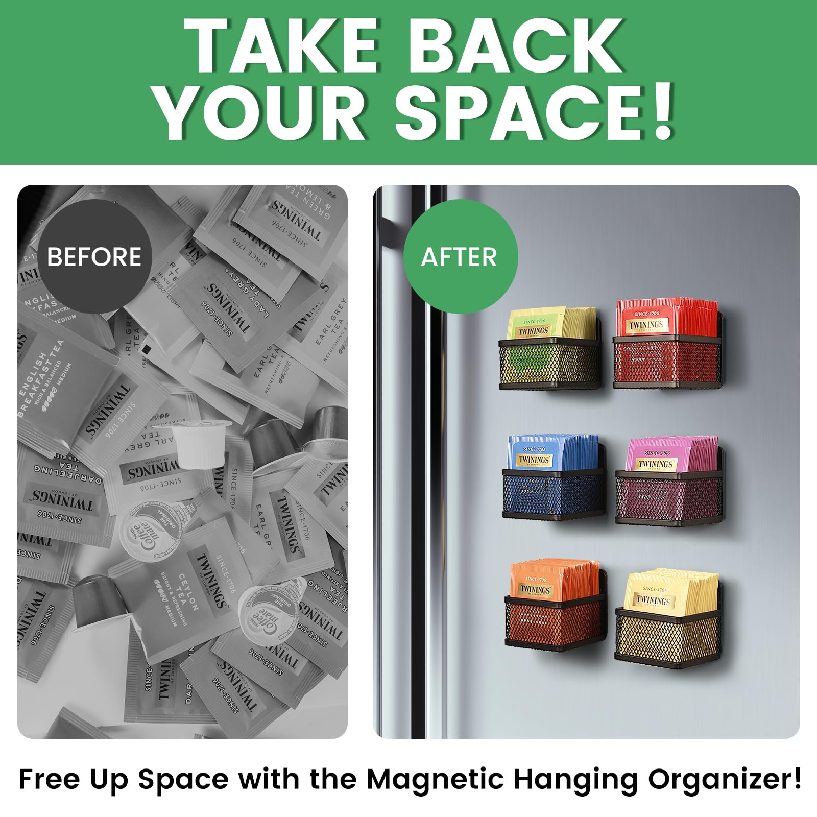 6-Piece Magnetic Tea Bag Organizer - Metal Tea Storage for Refrigerator, Kitchen Shelf & Countertop | Space-Saving & Stylish | Perfect for Tea Lovers, Small Kitchens & Organized Pantries