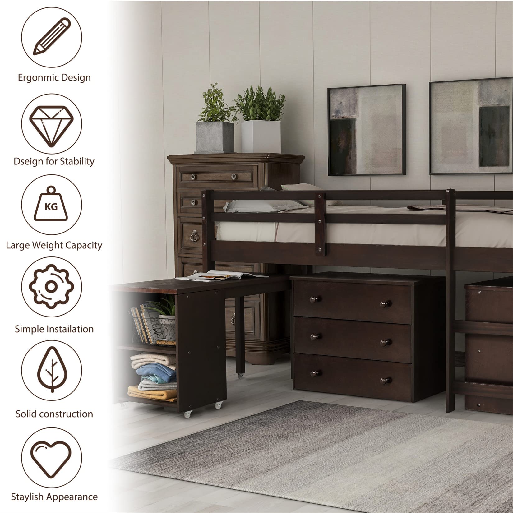 Low Loft Bed Frame with Storage Cabinet & Rolling Desk for Kids & Teens - Twin Size, Espresso Wood - Perfect for Small Bedrooms, Dorm Rooms & Space-Saving Kids' Rooms