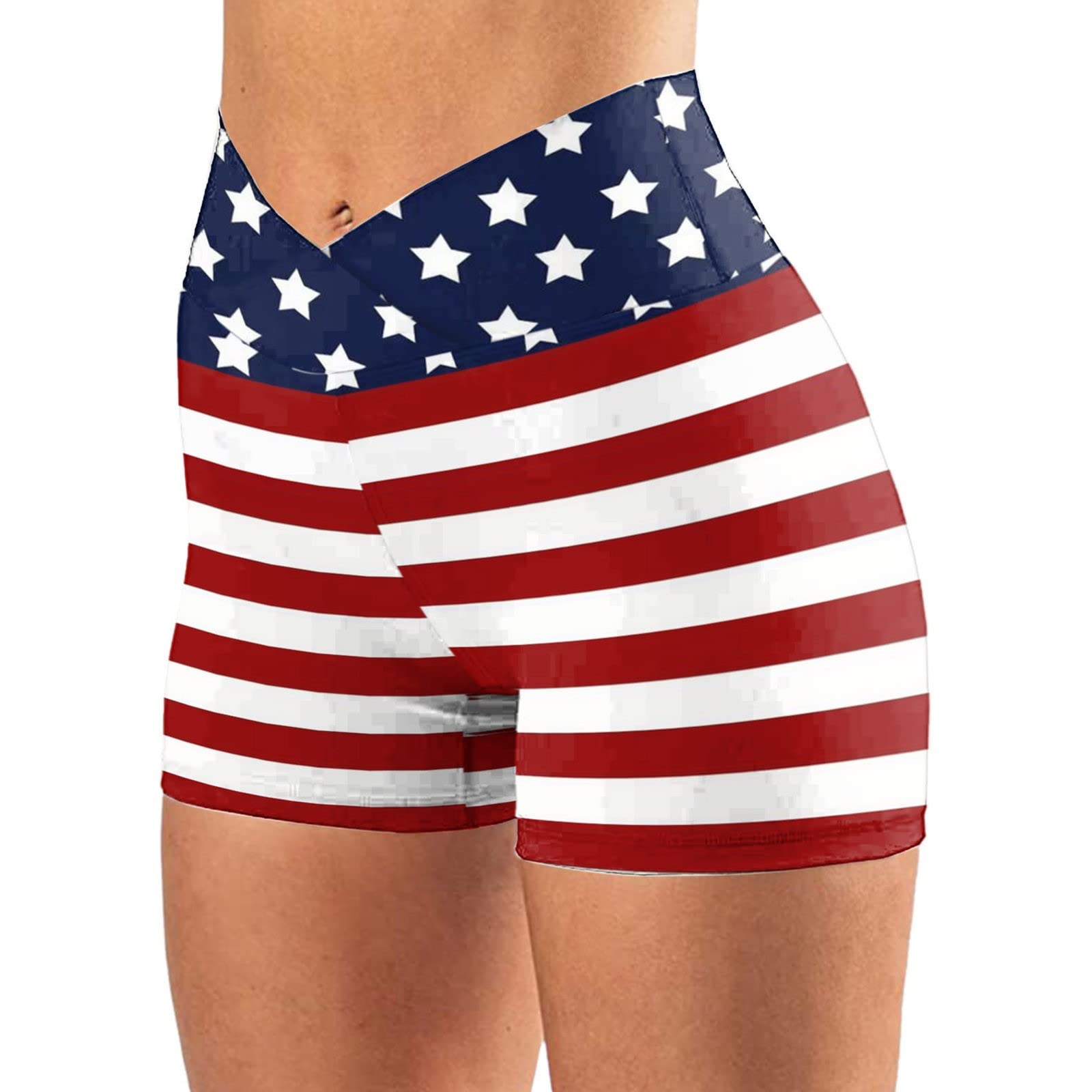 WOCACHI American Flag Print High Waisted Yoga Shorts for Women - 4th of July Running, Gym & Biker Shorts - Breathable Summer Workout Shorts in White (Small) - Perfect for Independence Day, Fitness Classes & Outdoor Activities