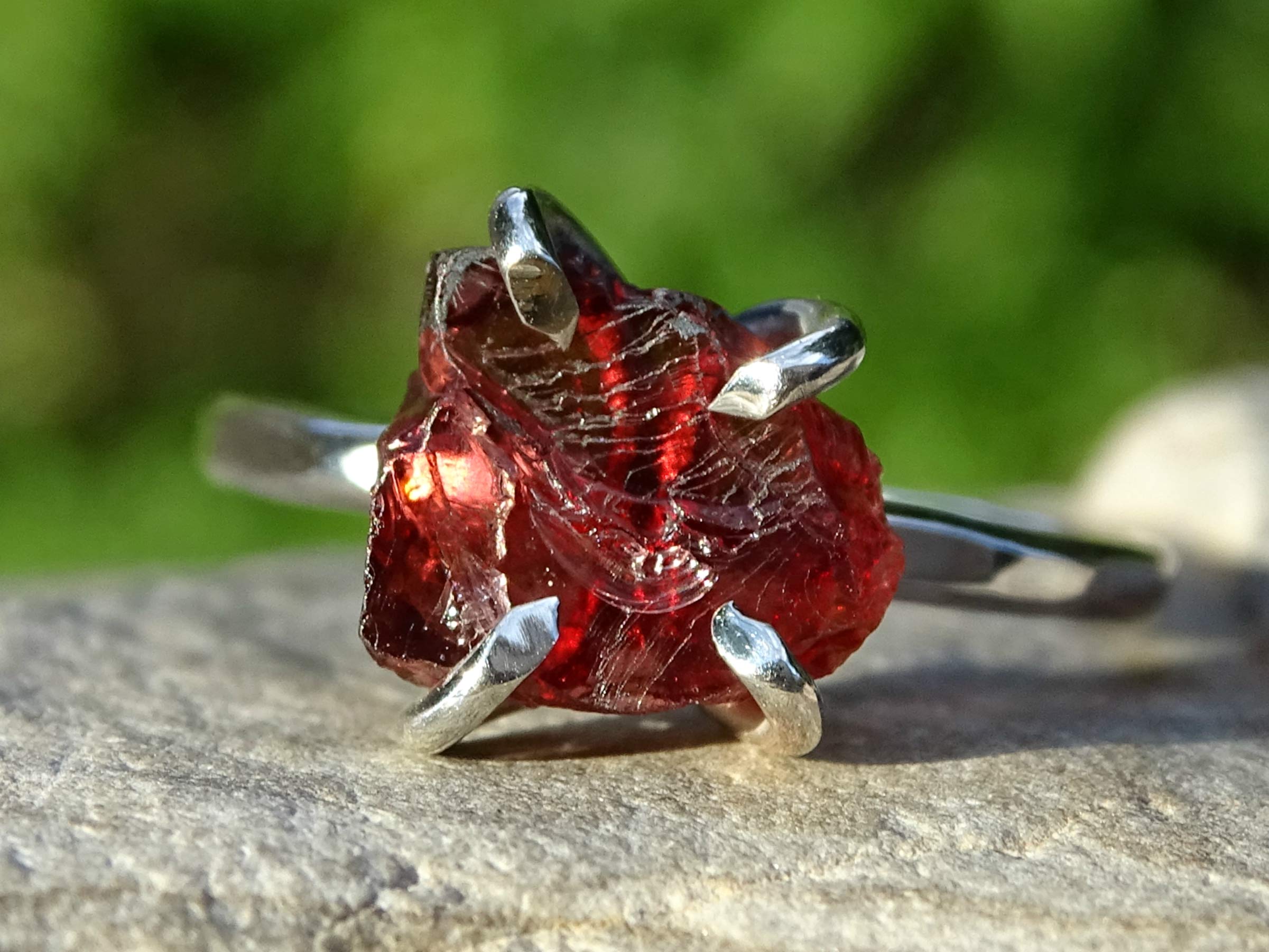 Natural Raw Garnet Silver Ring | Organic Stone Stacking Ring | Raw Crystal Jewelry | Unique Silver Engagement Ring for Women | Perfect Gift for Her - Boho Wedding, Everyday Wear, Anniversary Present
