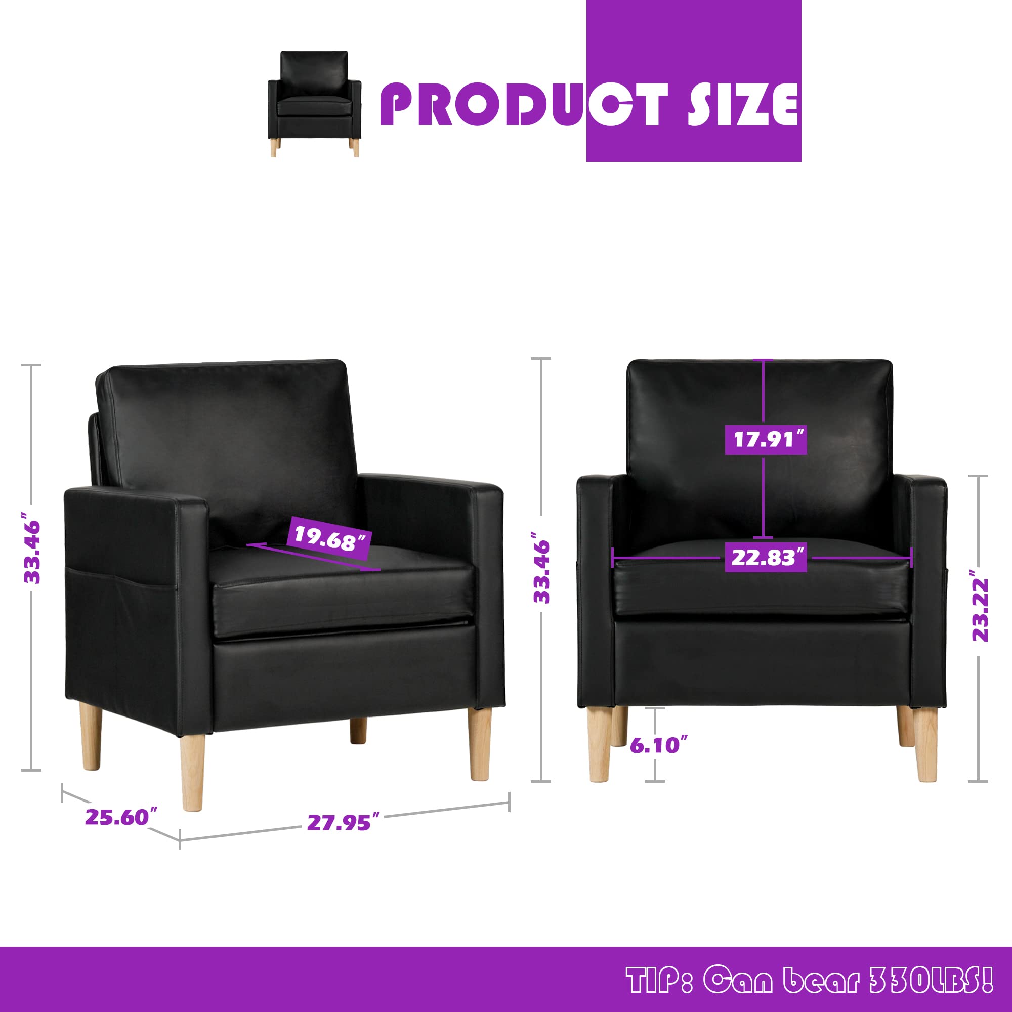 TYBOATLE Faux Leather Accent Chair - Mid-Century Modern Upholstered Armchair with Armrest Pockets, Comfortable Single Seater for Living Room, Bedroom & Office - Perfect for Reading, Lounging & Relaxing (Black)